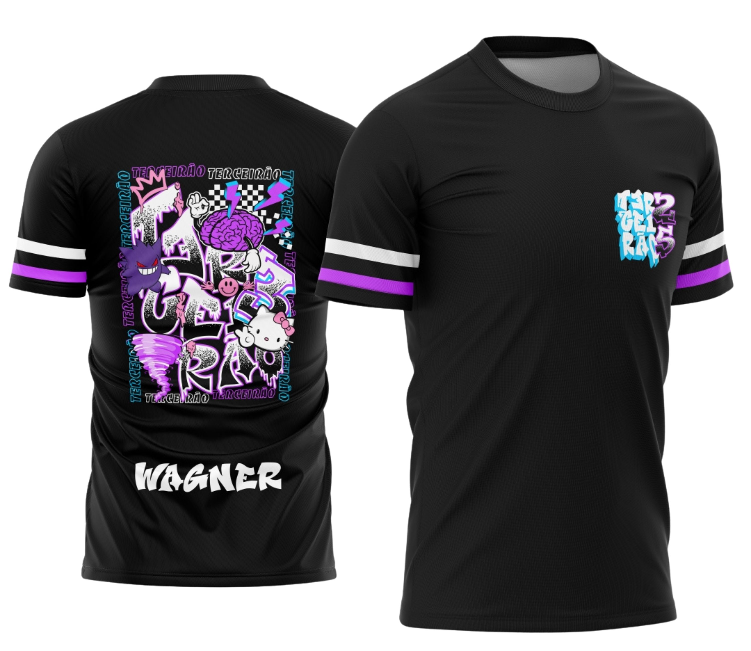Camisa estilizada com logo no peito e estampa grande nas costas, trazendo os personagens Gengar e Hello Kitty em design moderno e vibrante, perfeita para o Terceirão com um visual único e cheio de personalidade.
