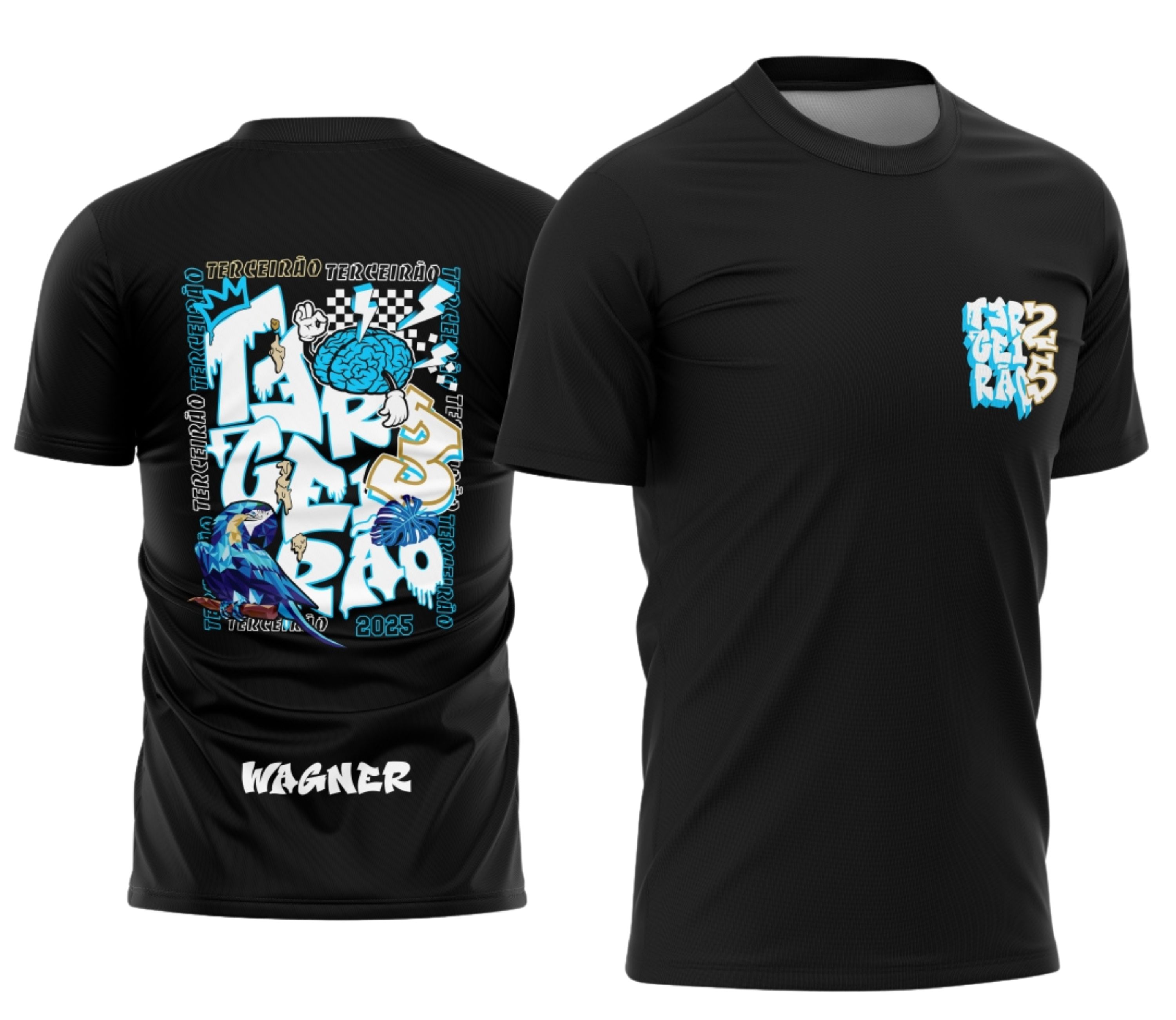 Camisa com logo no peito e estampa grande nas costas mostrando arte graffite com arara azul em destaque, estilo vibrante e moderno para turma do terceirão.