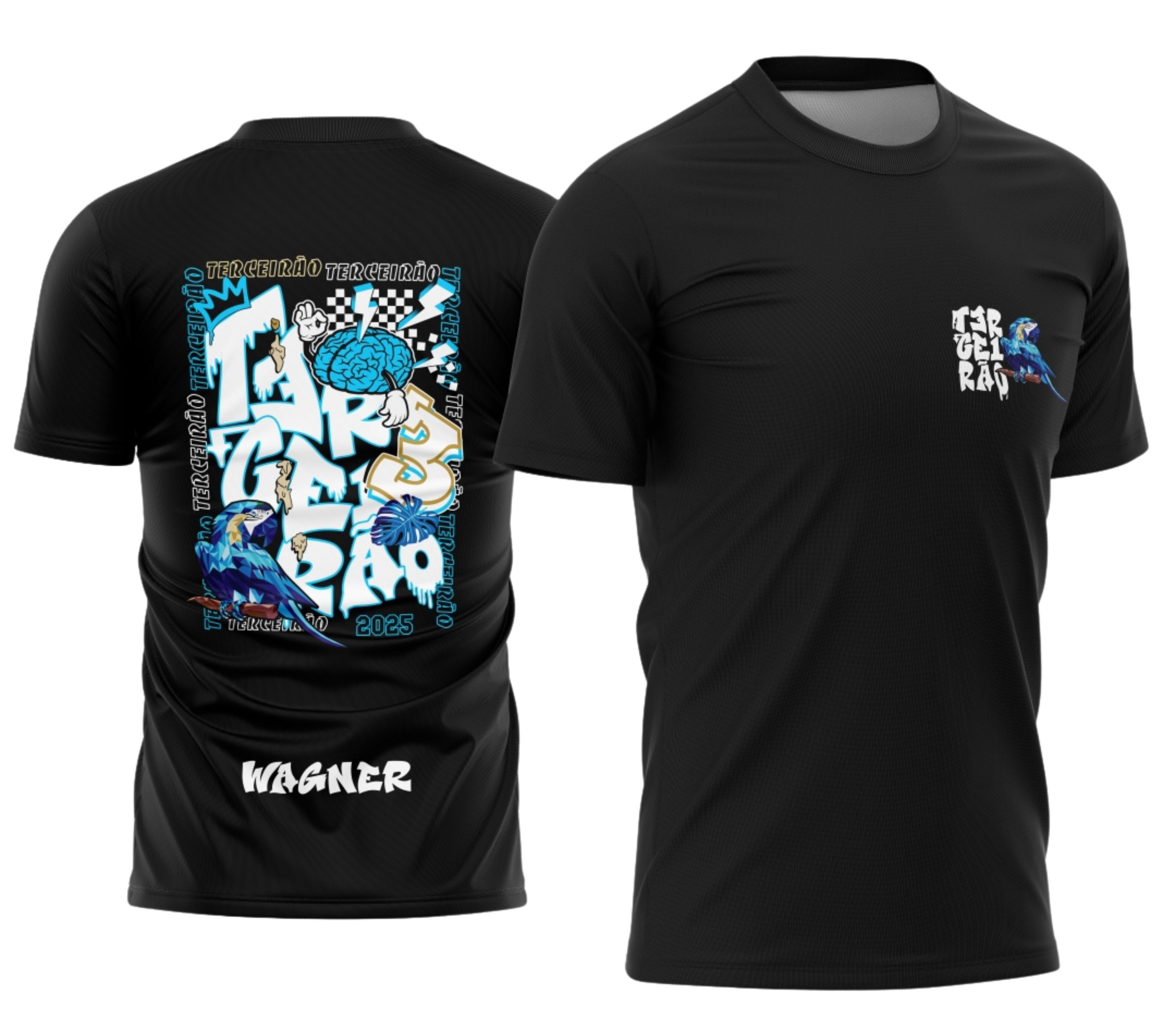 Camisa com logo no peito e estampa grande nas costas em estilo grafite com tons de azul e representação da arara azul, ideal para quem busca uma peça marcante e cheia de personalidade para o Terceirão.