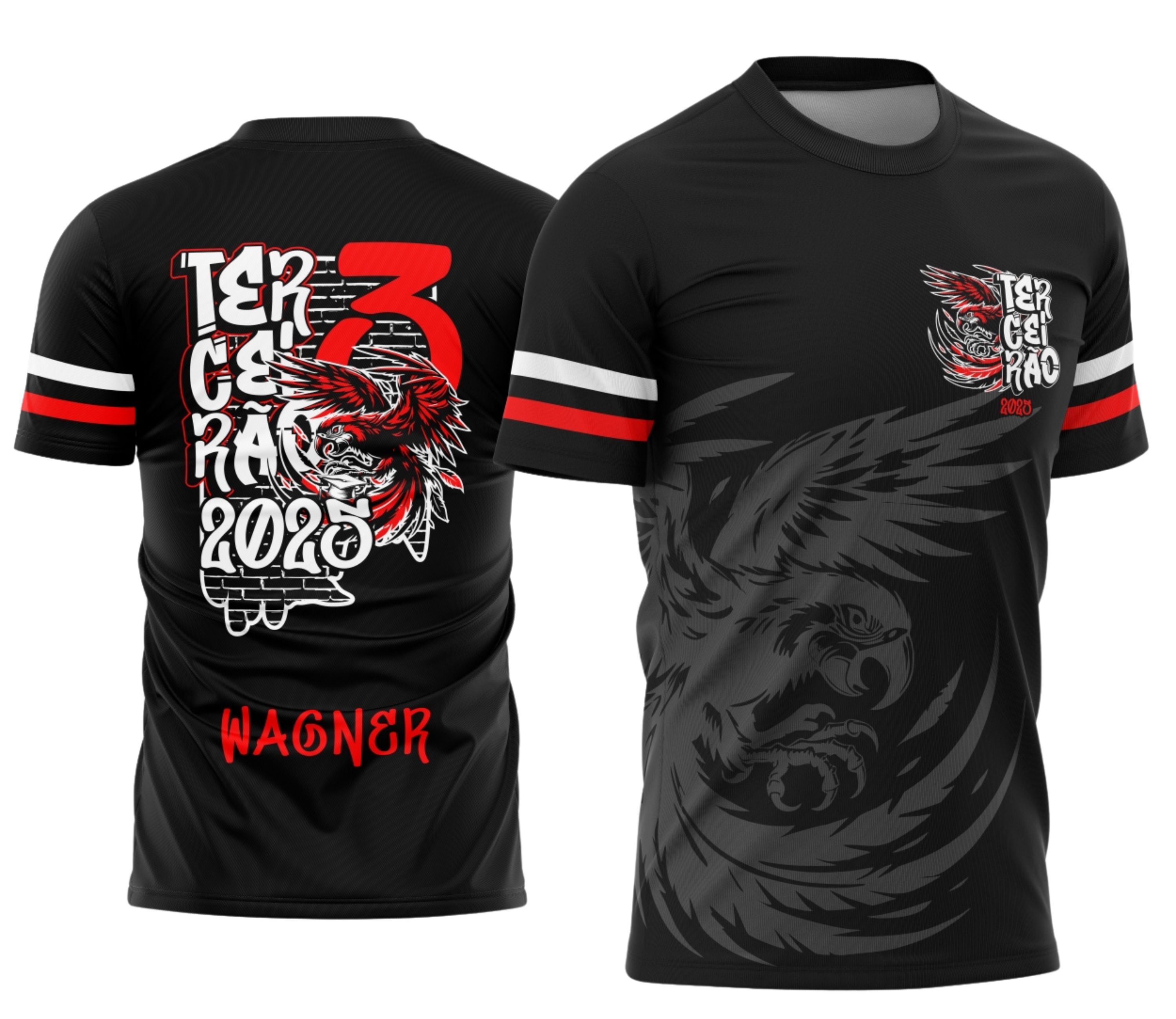 Camisa com logo discreto no peito e estampa grande vibrante nas costas mostrando uma arara vermelha em estilo graffite que chama atenção pelo contraste e cores intensas