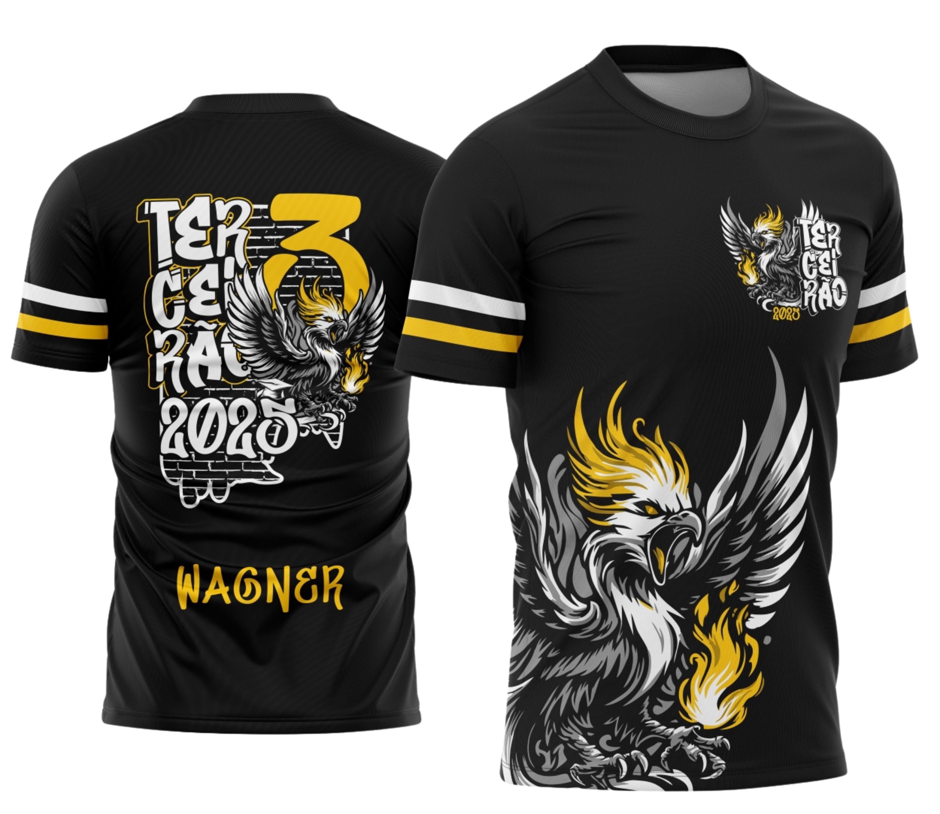 Camisa com logo discreto no peito e grande estampa de fênix estilizada nas costas, em um visual moderno e marcante, perfeita para destacar a identidade da turma do terceirão com atitude e personalidade.