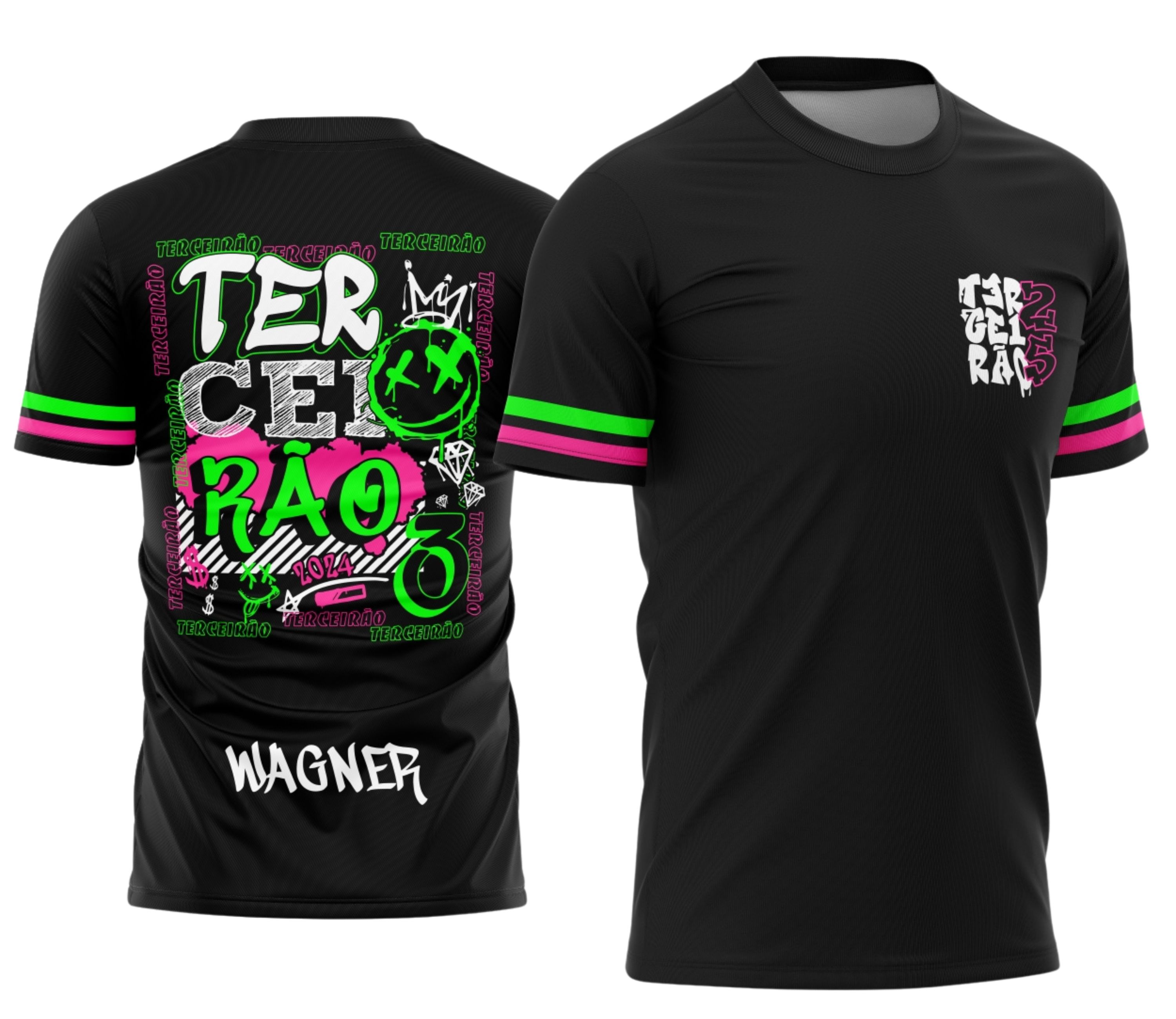 Foto de uma camisa com logo no peito e estampa grande nas costas, combinando elementos de grafite e um sorriso marcante para representar a turma do terceirão com estilo urbano e descolado.