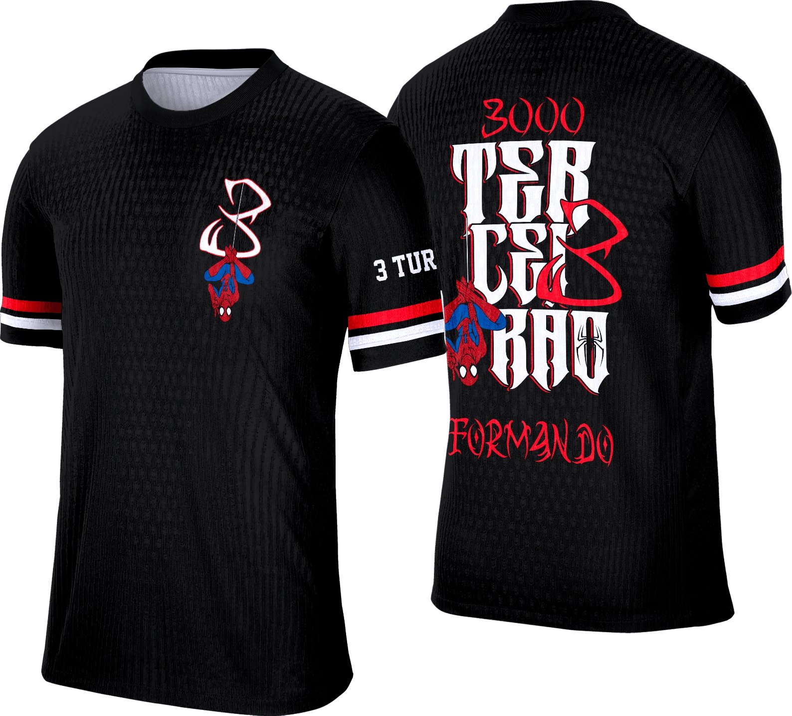 Camisa branca com logo do Homem Aranha logo no peito e estampa grande nas costas com design vibrante e colorido inspirado no universo do Homem Aranha, perfeita para eventos do Terceirão e fãs do personagem.