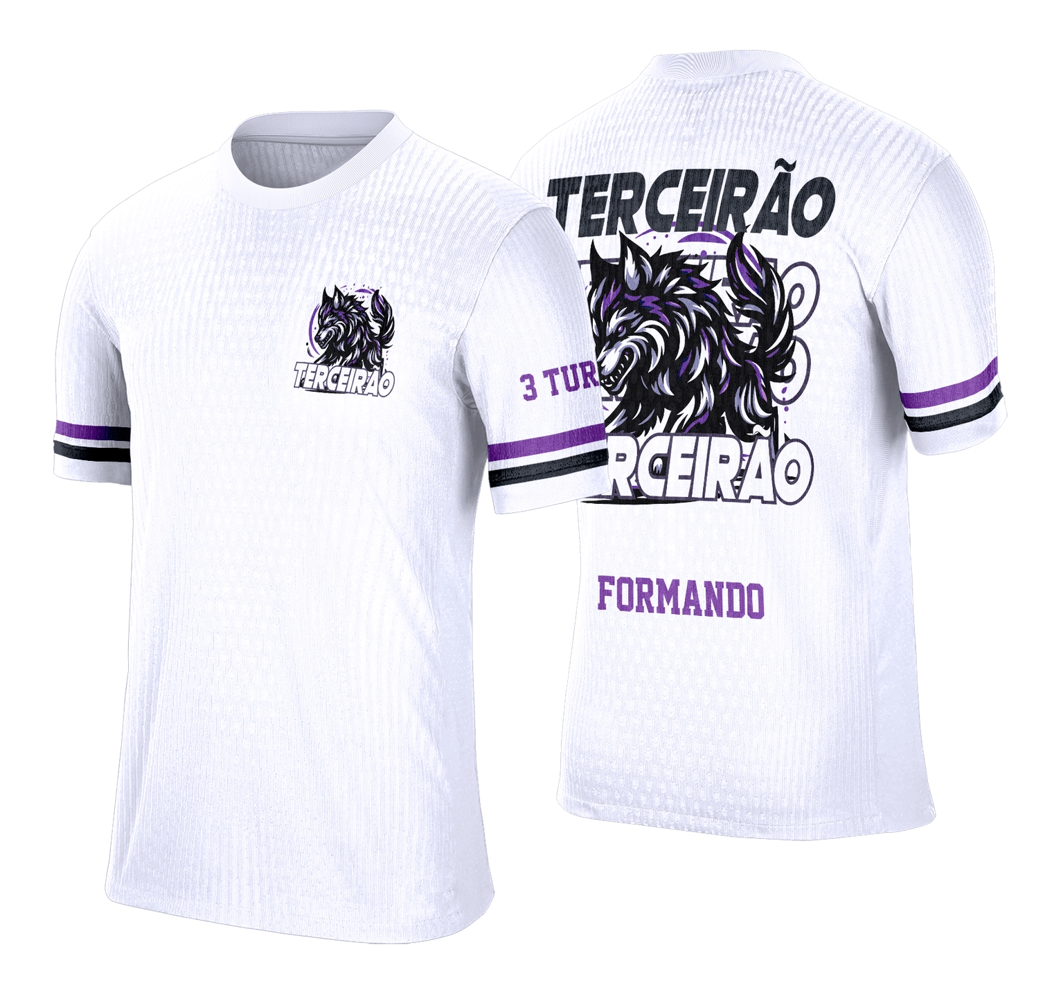 Camisa com logo no peito e estampa grande nas costas, destacando um lobo estilizado que representa a força e união da turma do terceirão com design marcante e impactante.