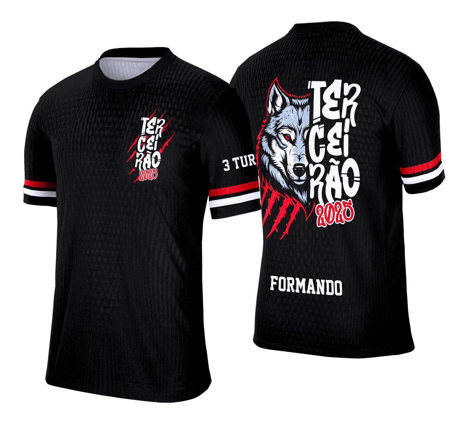 Camisa do Terceirão com logo no peito e estampa grande nas costas exibindo um lobo estilizado, transmitindo força e união para o grupo do último ano escolar.