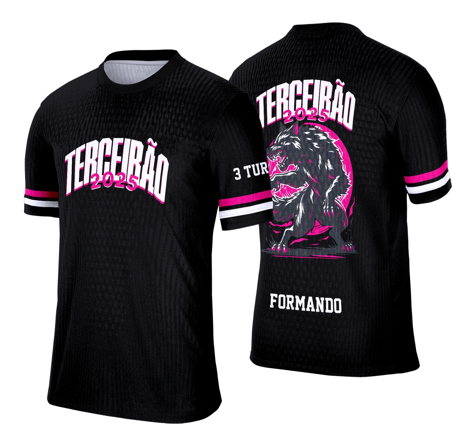 Foto da camisa final com logo no peito em destaque e estampa grande nas costas mostrando detalhes do lobo feroz em um design moderno e impactante.