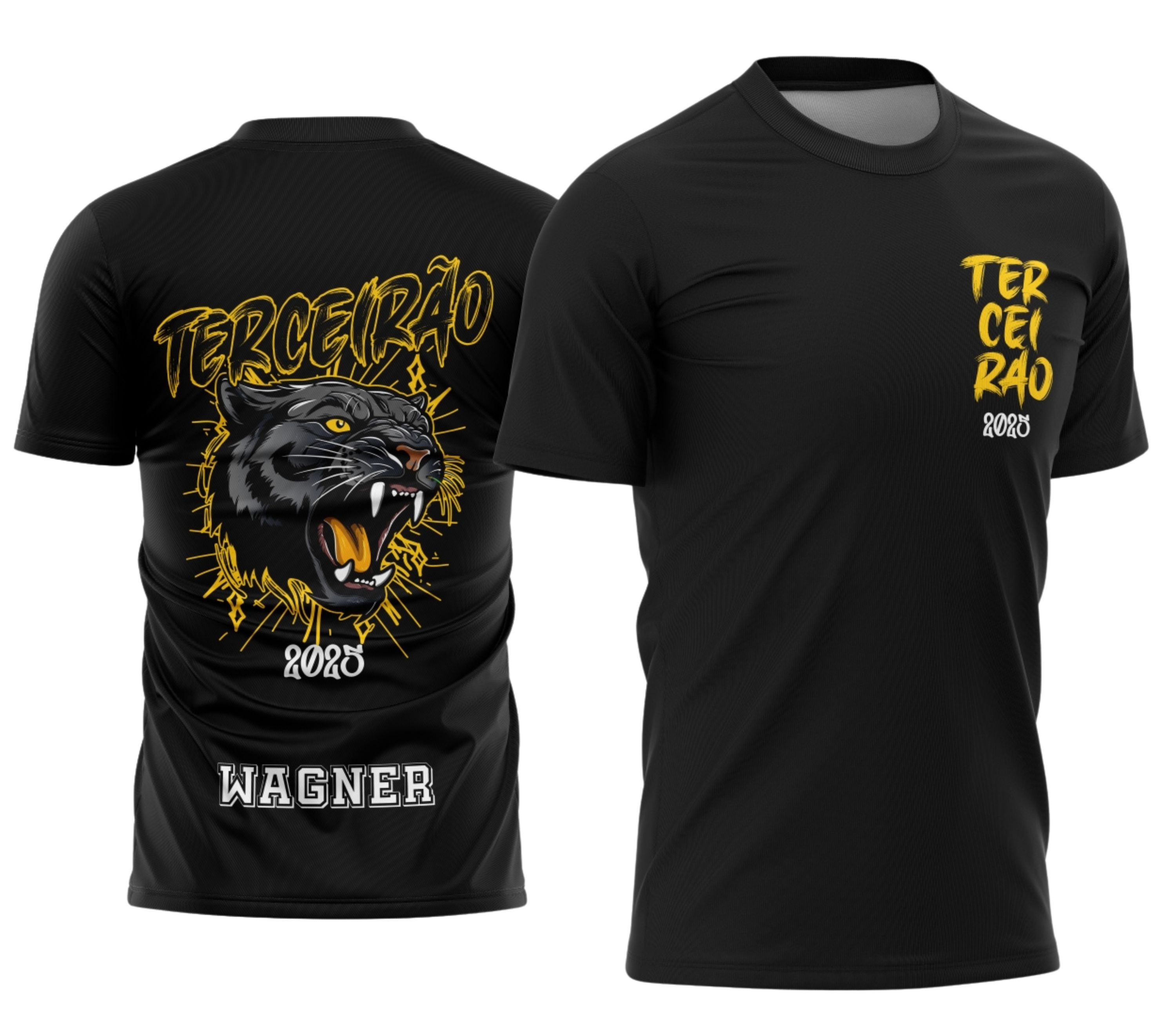 Camiseta preta unissex com logo no peito e estampa grande nas costas com tema Terceirão Pantera Negra destacando estilo jovem e impacto visual marcante.