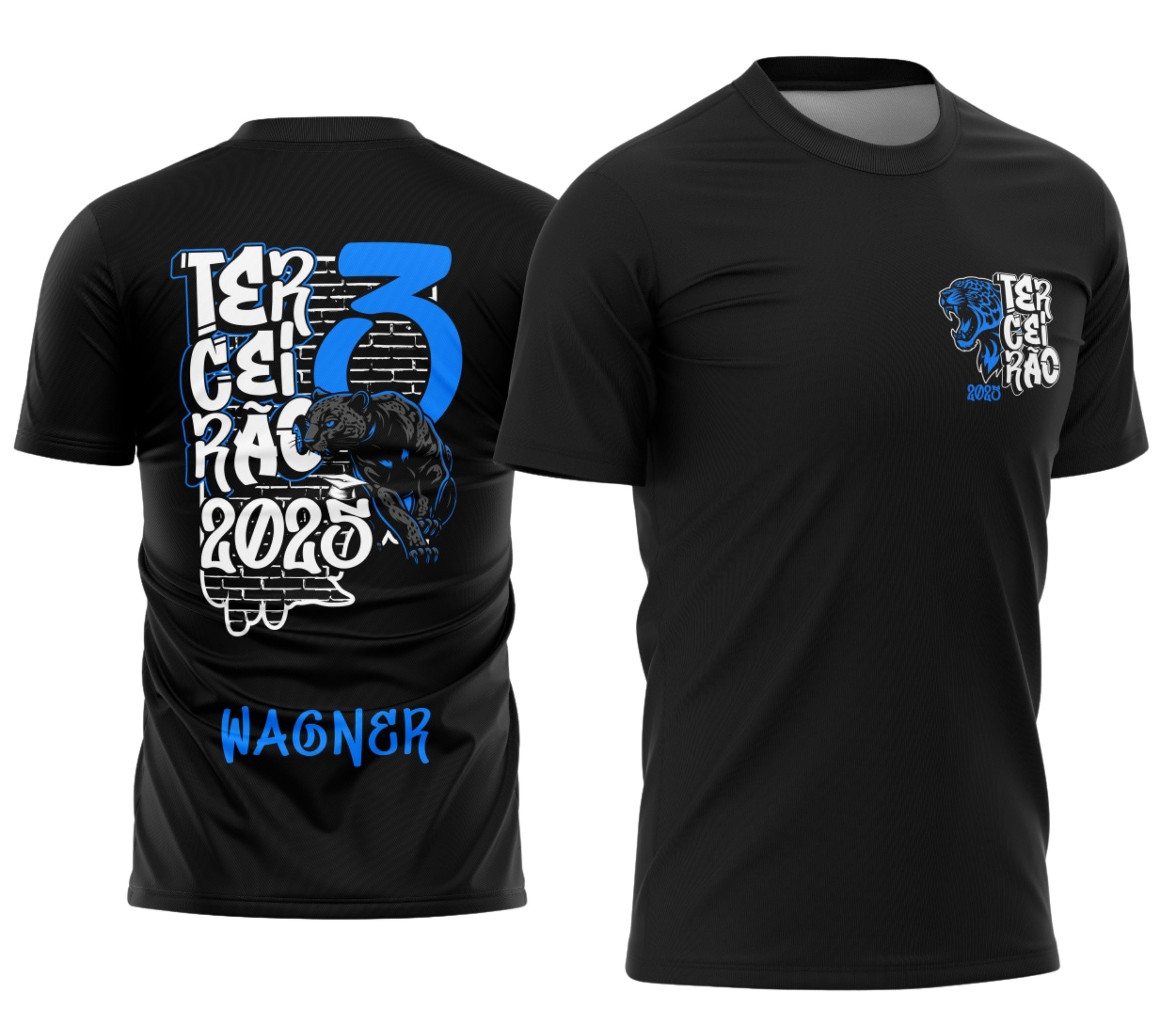 Foto da camisa com logo no peito e estampa grande nas costas, exibindo design imponente da Pantera Negra em estilo destaque para turma do terceirão.