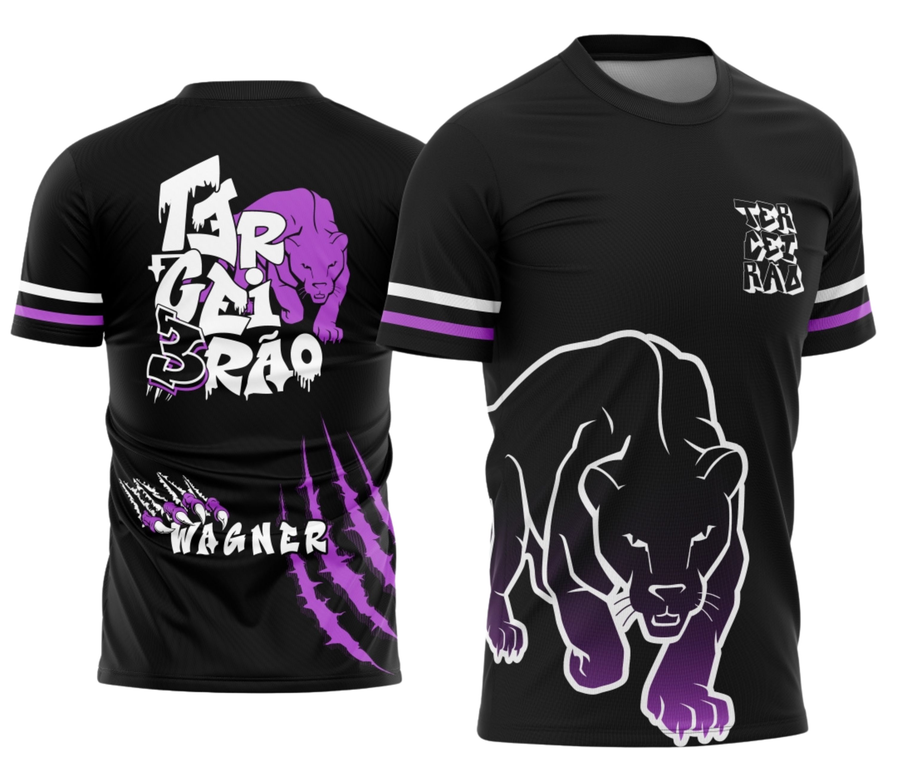Camisa com logo no peito em destaque e estampa grande nas costas mostrando uma pantera negra estilizada, ideal para comemorar o Terceirão com atitude e estilo marcante.
