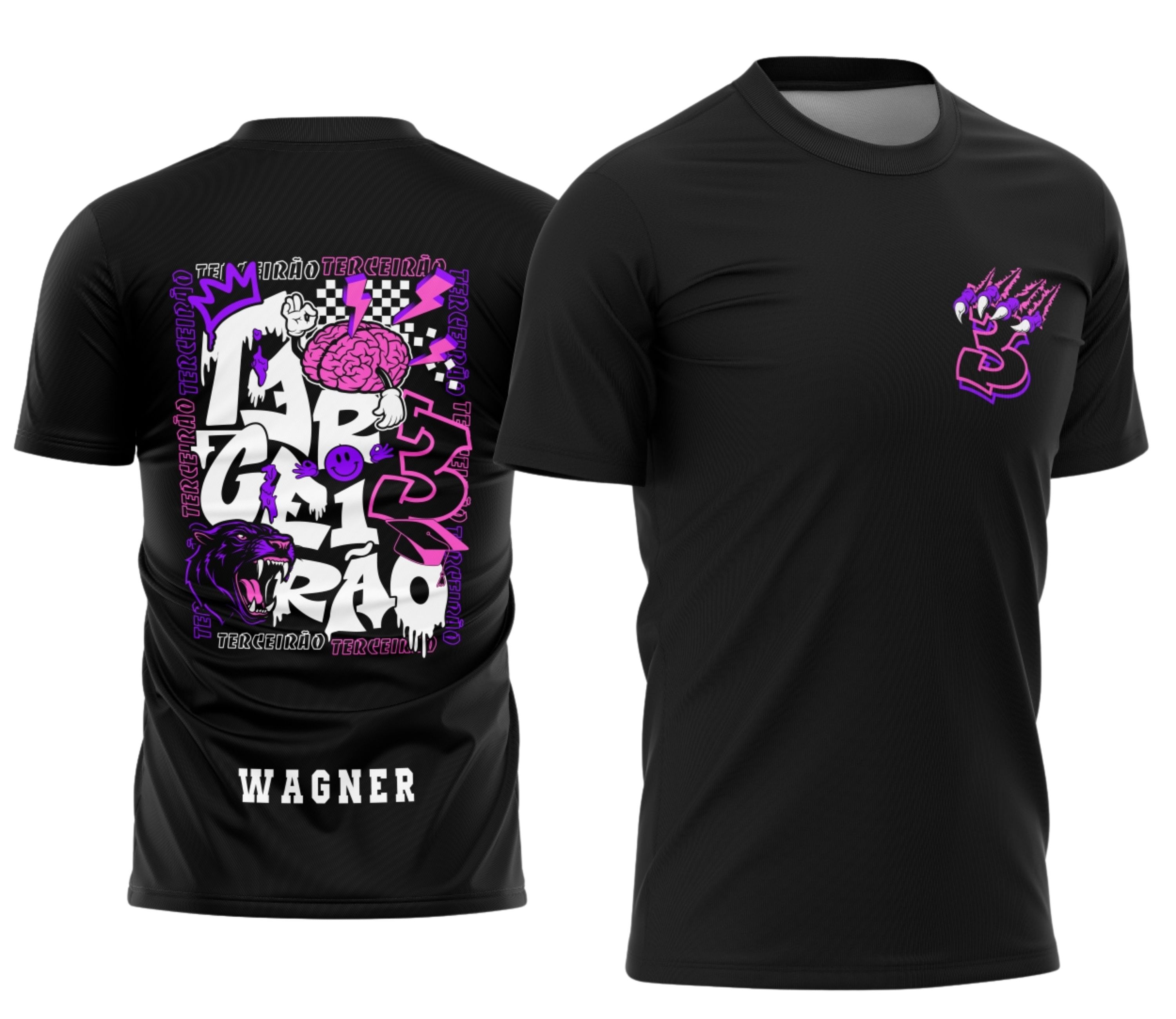Camiseta unissex preta com logo no peito e estampa grande nas costas mostrando tema Terceirão Pantera Negra, ideal para estudantes que querem estilo e identidade na escola.