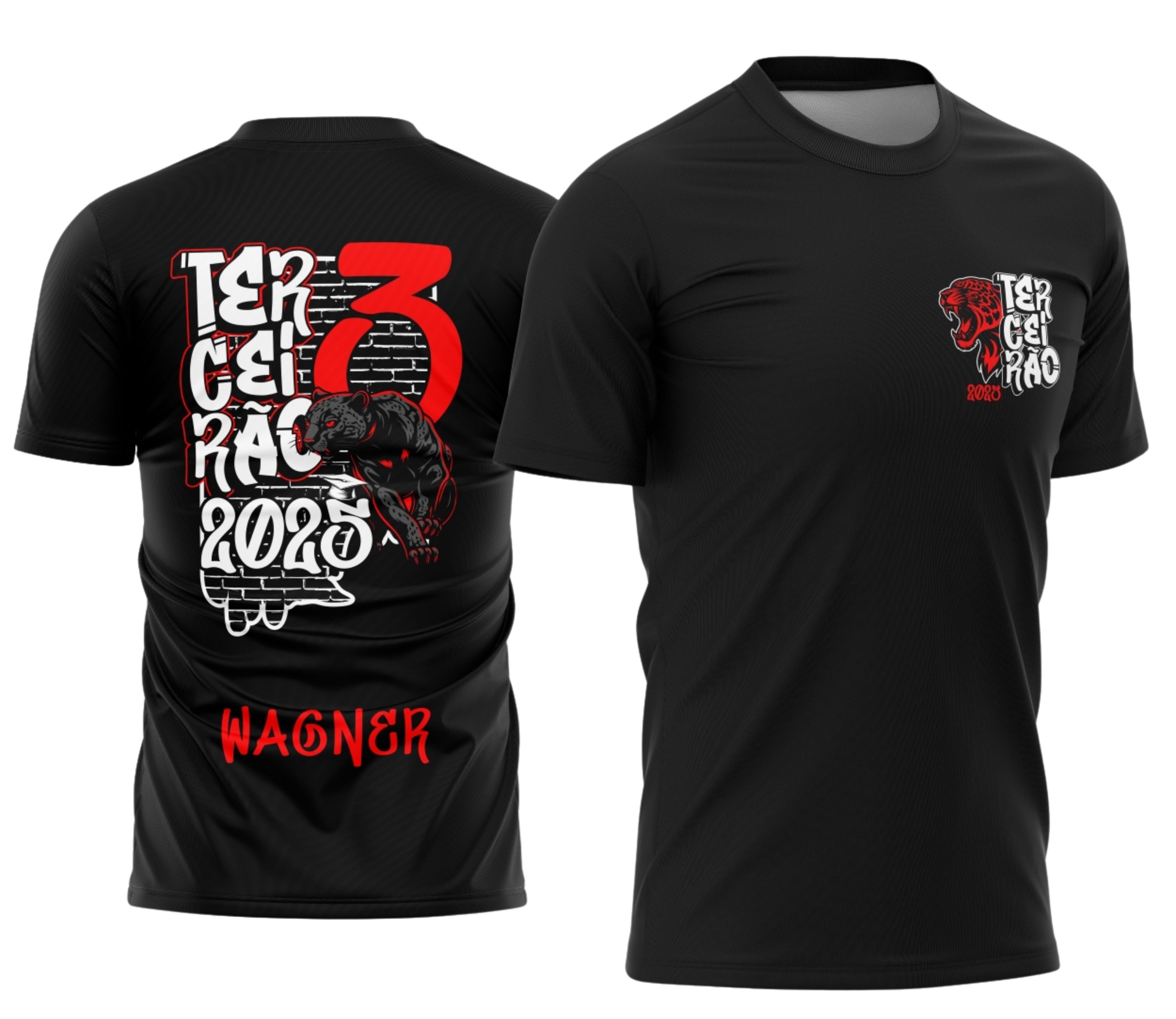 Foto de camisa com logo no peito e estampa grande nas costas, design inspirado no Pantera Negra, ideal para estudantes do Terceirão com estilo único e marcante.