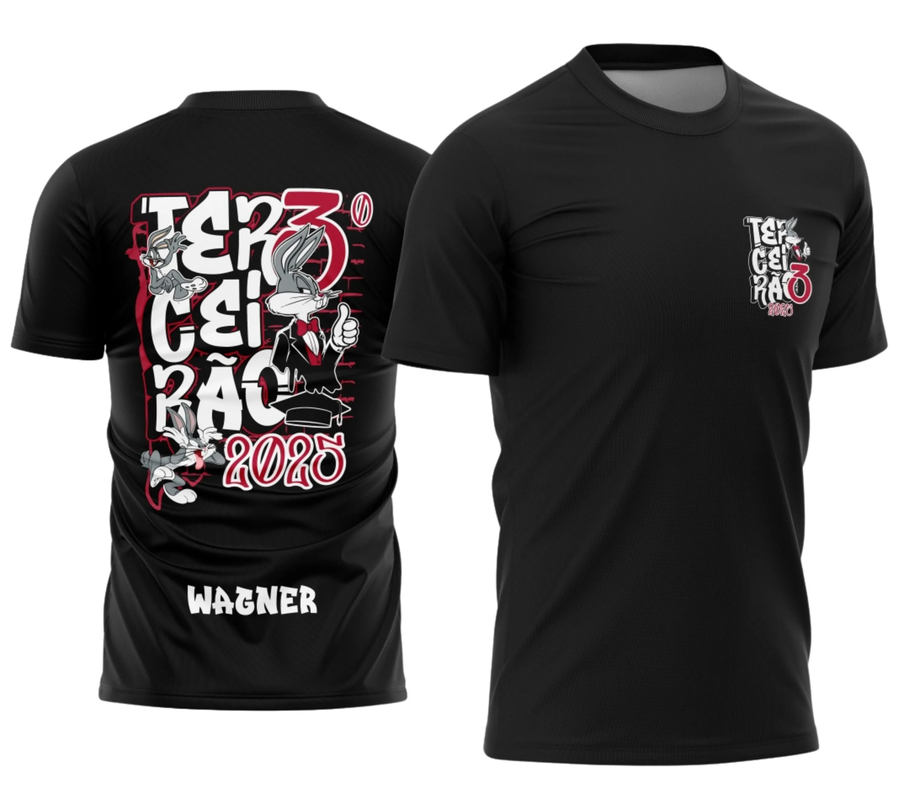 Camisa Terceirão com logo no peito do Pernalonga fazendo joinha e estampa grande nas costas com design moderno e divertido, perfeita para celebrar momentos especiais da turma.