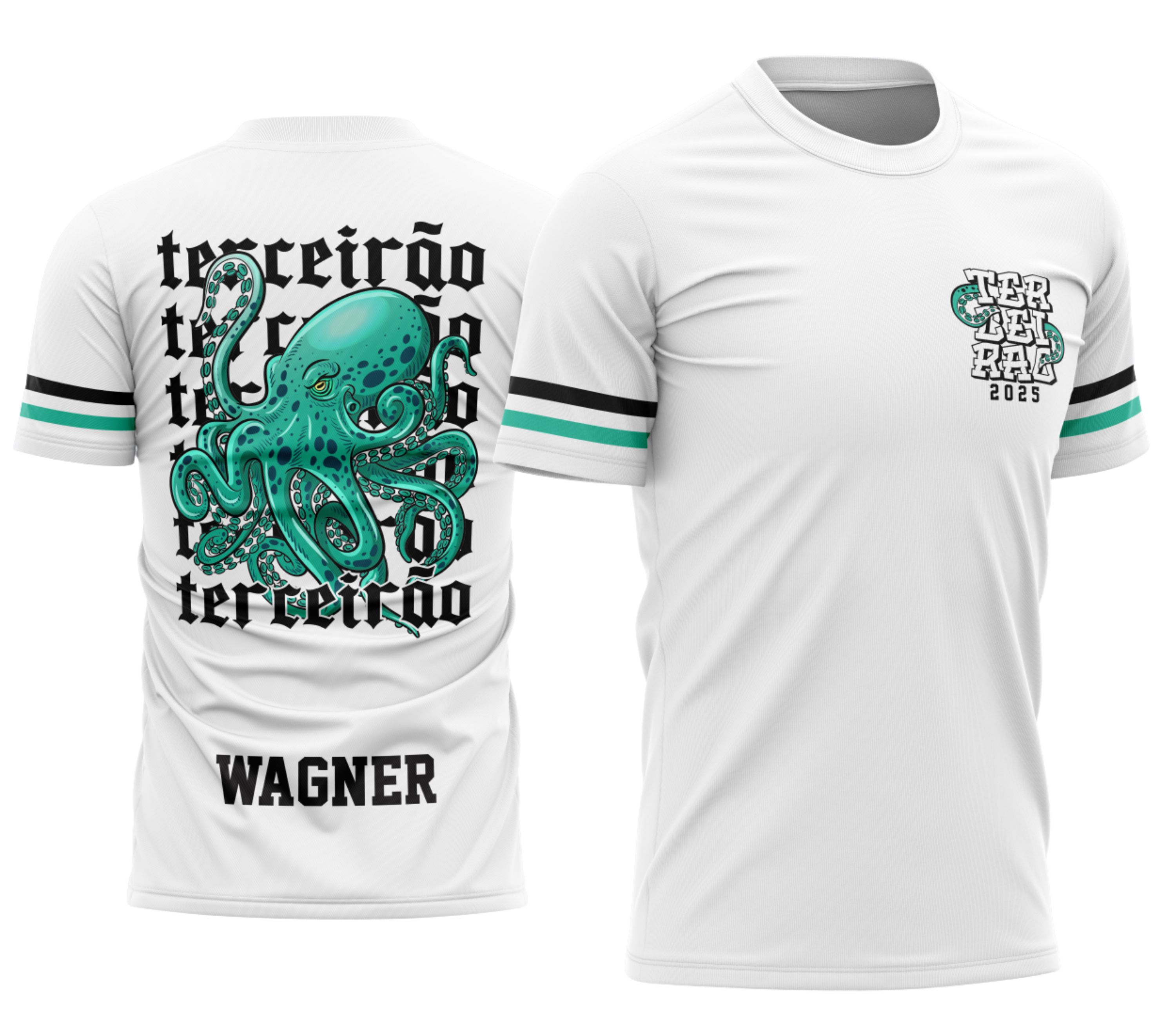 Foto de camisa Terceirão verde com logo no peito e estampa grande nas costas destacando um polvo estilizado em tons vibrantes, ideal para marcar a turma com personalidade única.