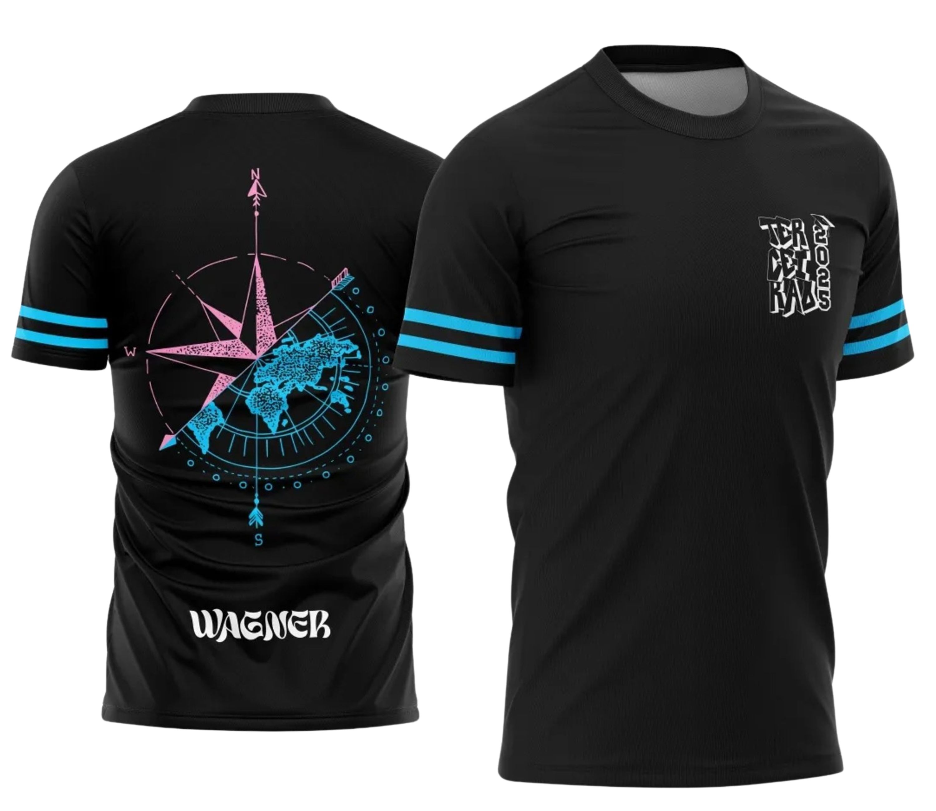 Foto da camisa com logo no peito em destaque e uma estampa grande nas costas mostrando a Rosa dos Ventos em cores vibrantes, ideal para ocasiões comemorativas do Terceirão.