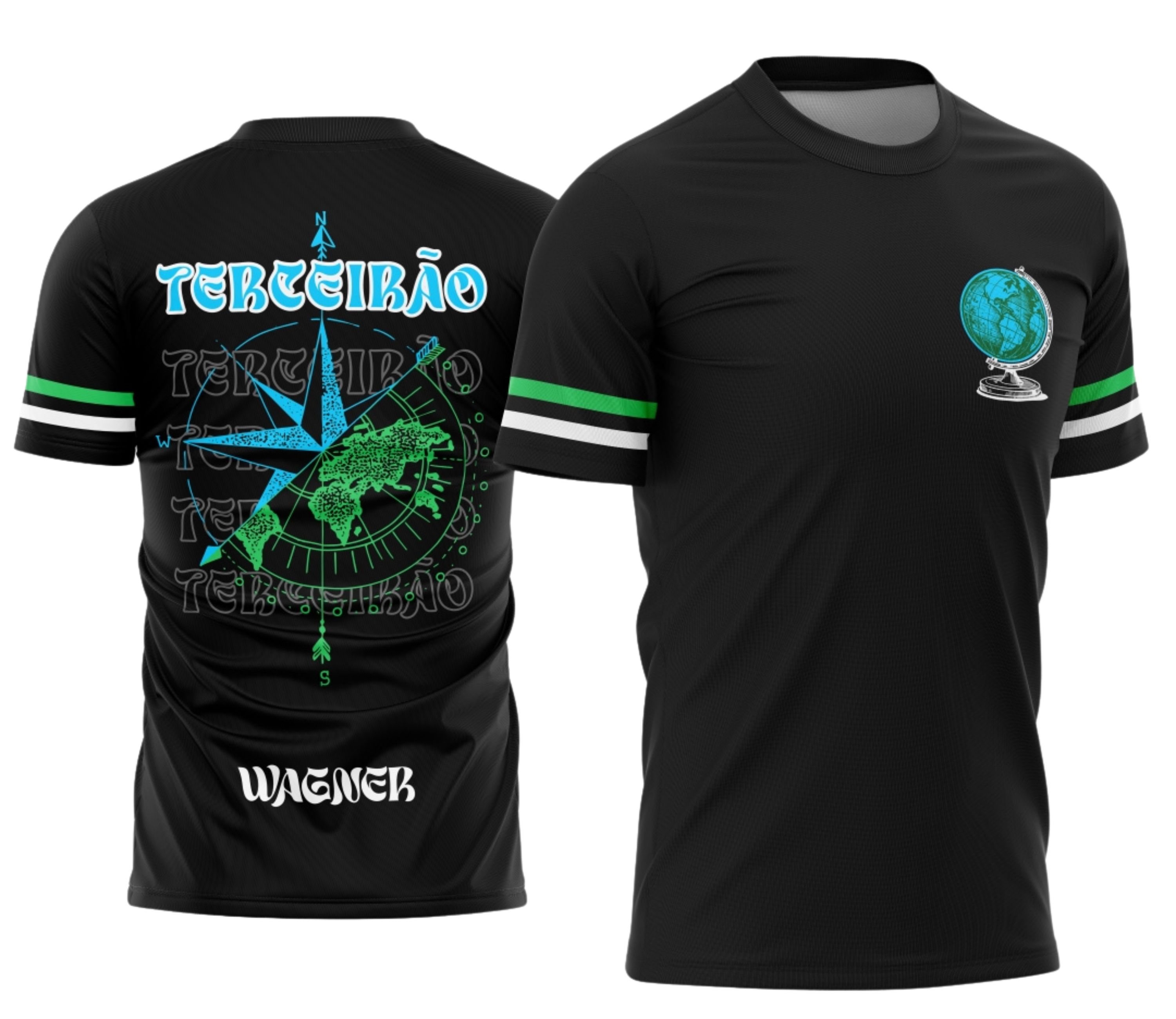 Foto da camisa com logo no peito em destaque e estampa grande nas costas ilustrando a Rosa dos Ventos com design moderno e vibrante, perfeita para o Terceirão.