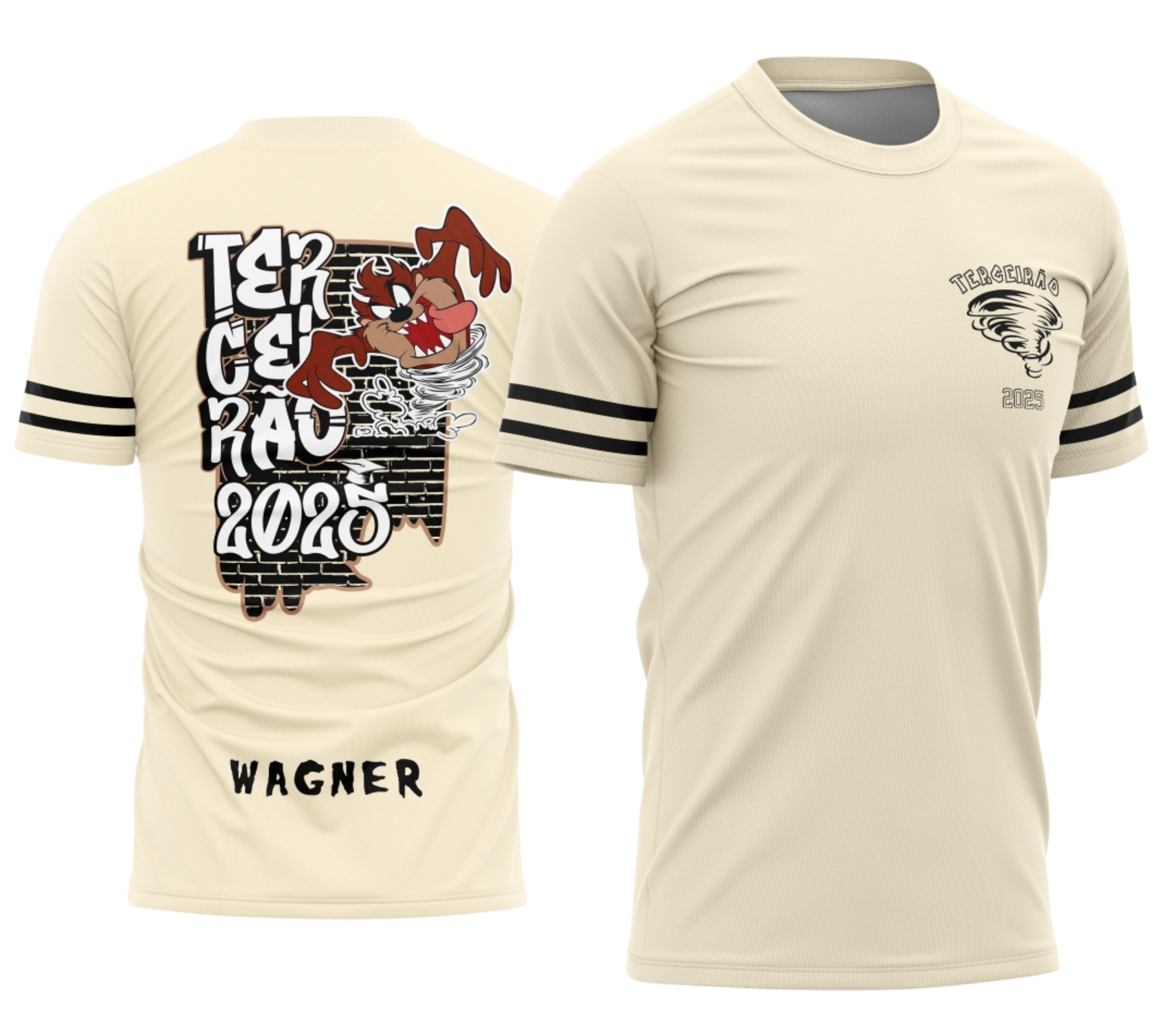 Foto da camisa com logo no peito e estampa grande nas costas com o personagem Taz Mania em estilo vibrante e divertido, perfeita para comemorar o Terceirão com atitude e personalidade.