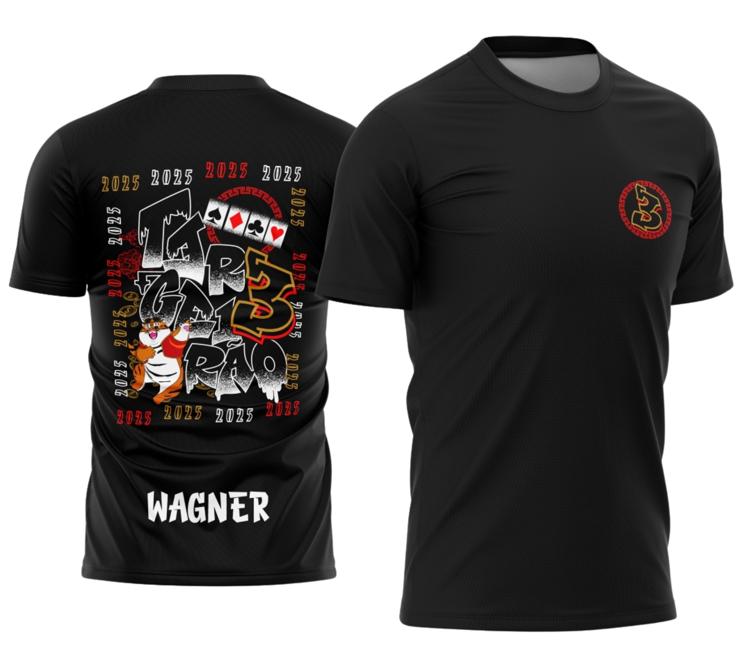 Camisa camiseta unissex preta com logo no peito e estampa grande nas costas representando Terceirão Tigrinho Moedas, ideal para celebração e uso casual.