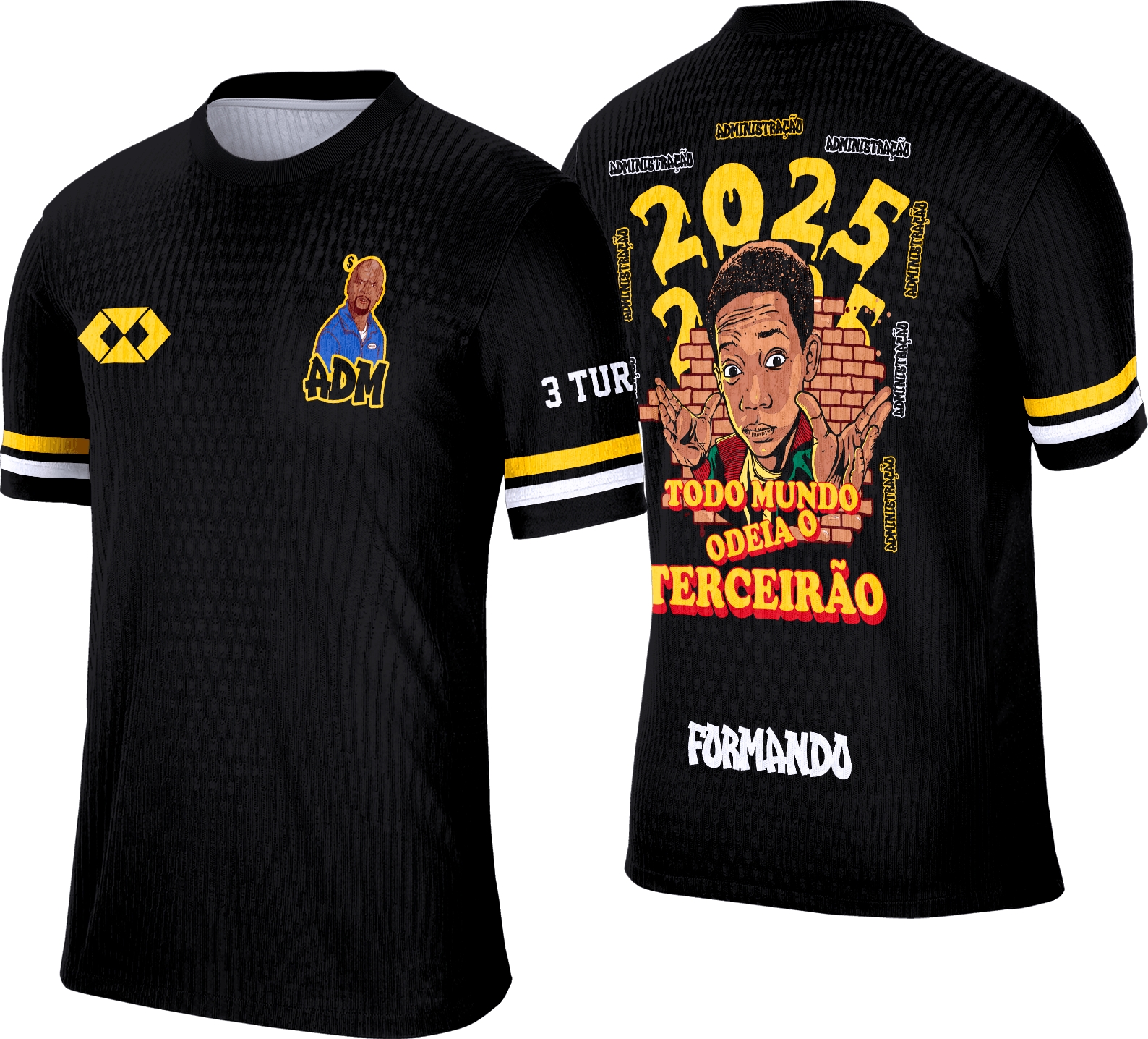 Camisa com logo no peito e estampa grande nas costas, inspirada no tema Terceirão Todo Mundo Odeia o Chris ADM, com design criativo e moderno que destaca a turma e a personalidade da galera.