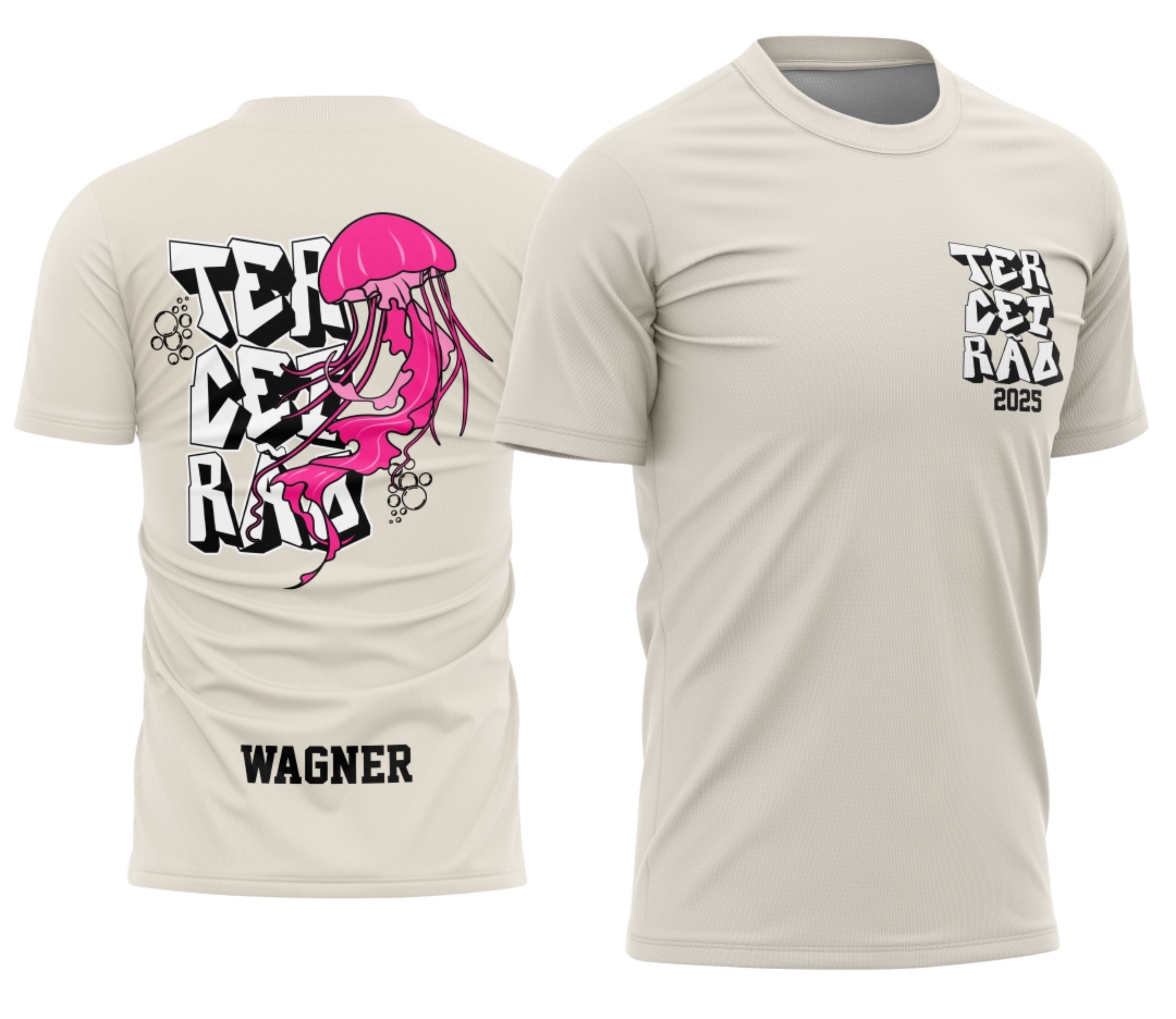 Camiseta unissex preta com logo no peito e estampa grande nas costas inspirada na turma do Terceirão Água Viva, perfeita para ocasiões especiais e lembranças marcantes.