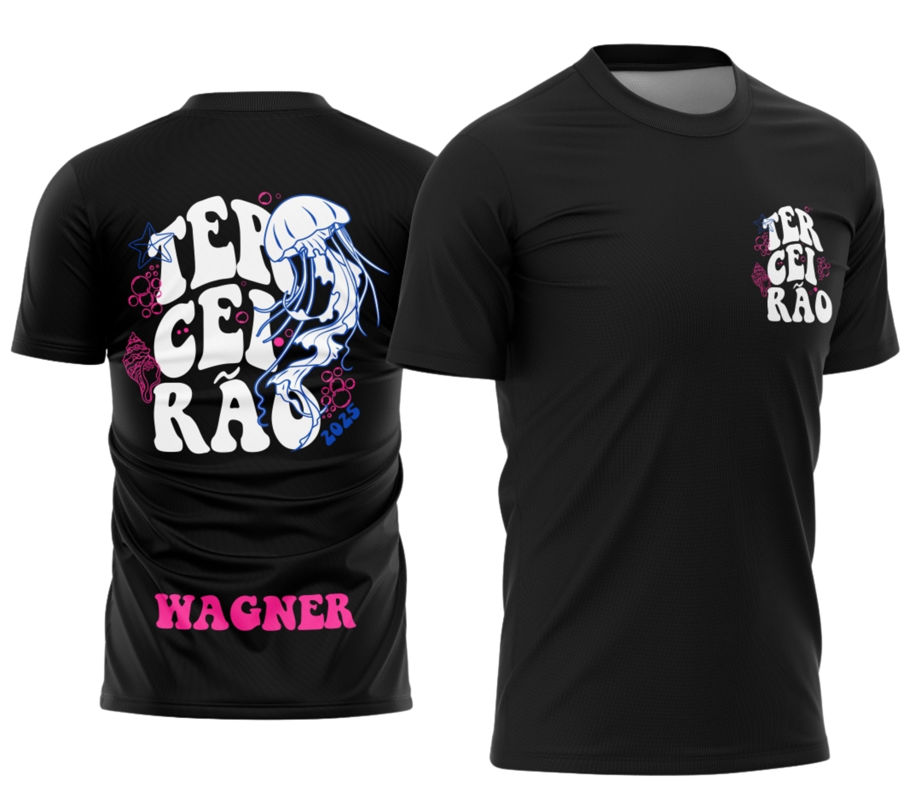 Foto de camiseta unissex preta com logo no peito e estampa grande nas costas com tema Terceirão Água Viva, design moderno e impactante para estudantes.