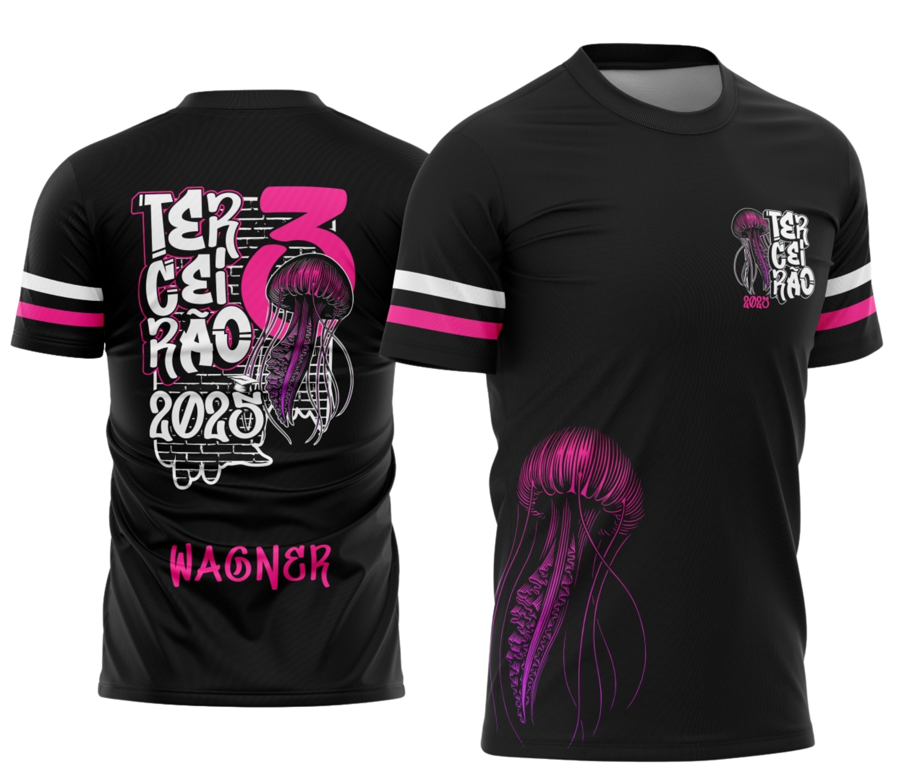 Camisa com logo no peito e estampa grande nas costas, temática Terceirão Água Viva, realizada em design vibrante e moderno, perfeita para quem quer marcar essa fase escolar de forma única e especial.