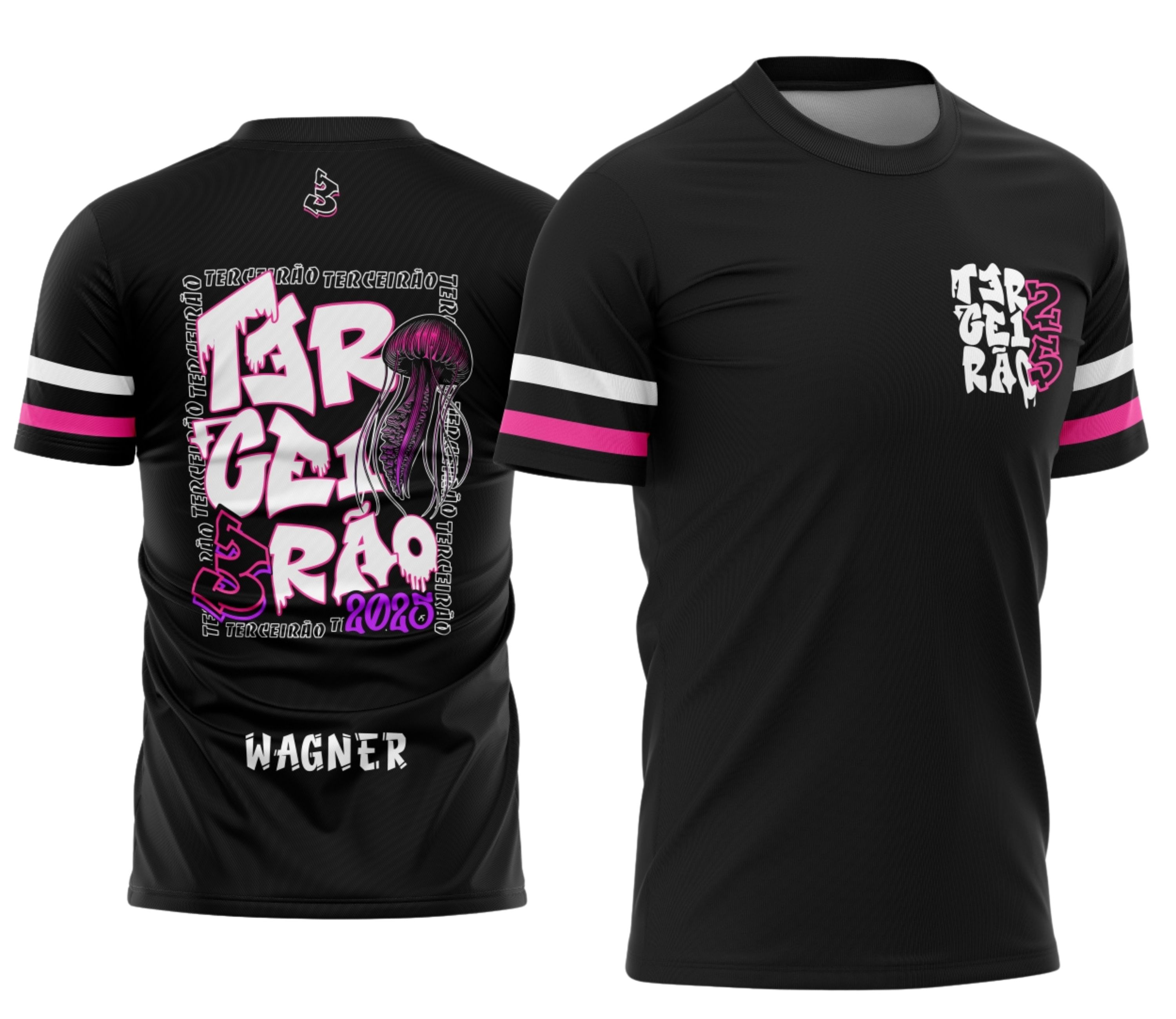 Camiseta unissex preta com logo no peito e estampa grande nas costas do tema Terceirão Água Viva, ideal para estudantes e turmas comemorativas