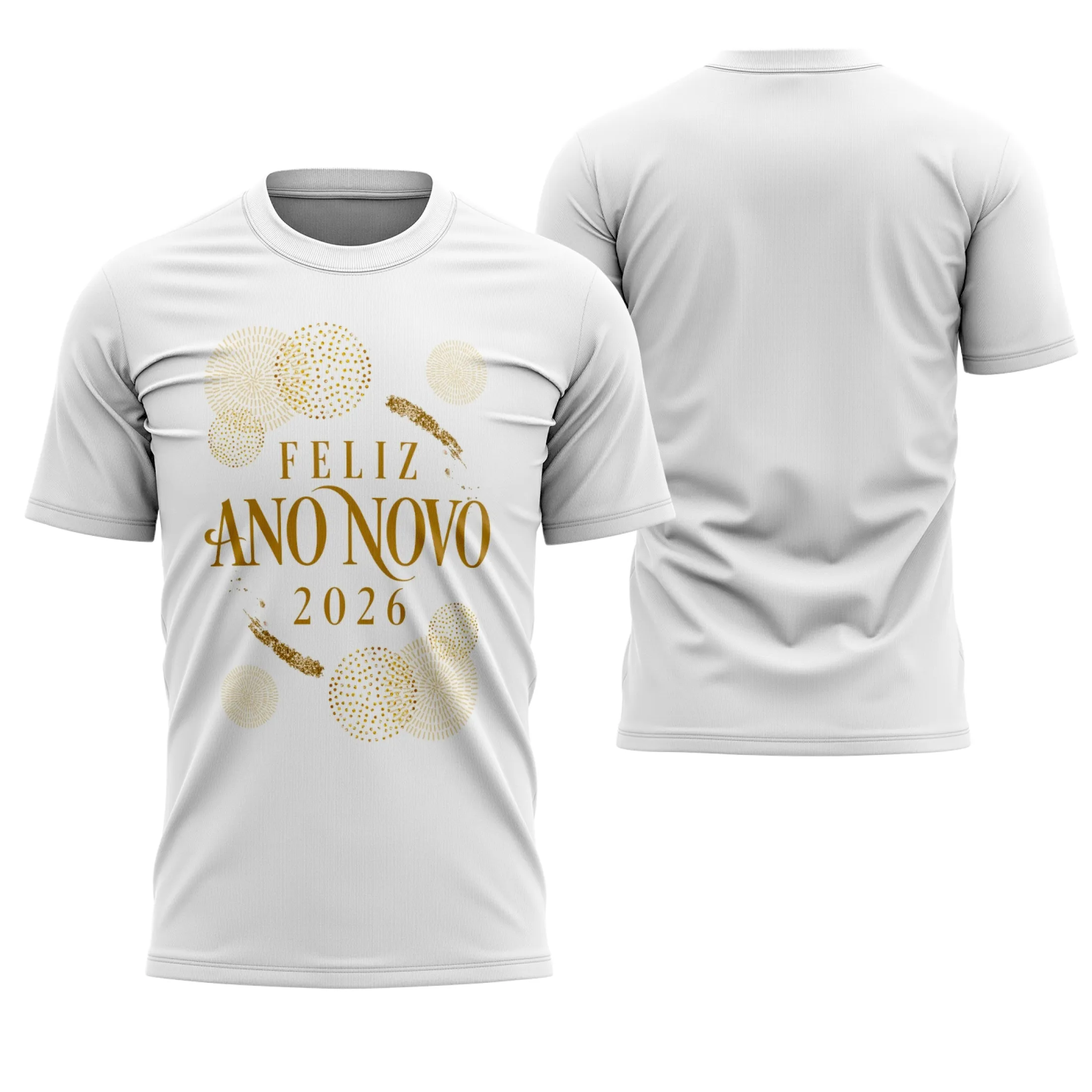 Camiseta unissex branca com logo no peito e estampa grande nas costas inspirada em Ano Novo 2026, exibindo elementos de sorte e estilo, perfeita para o Réveillon 2026.