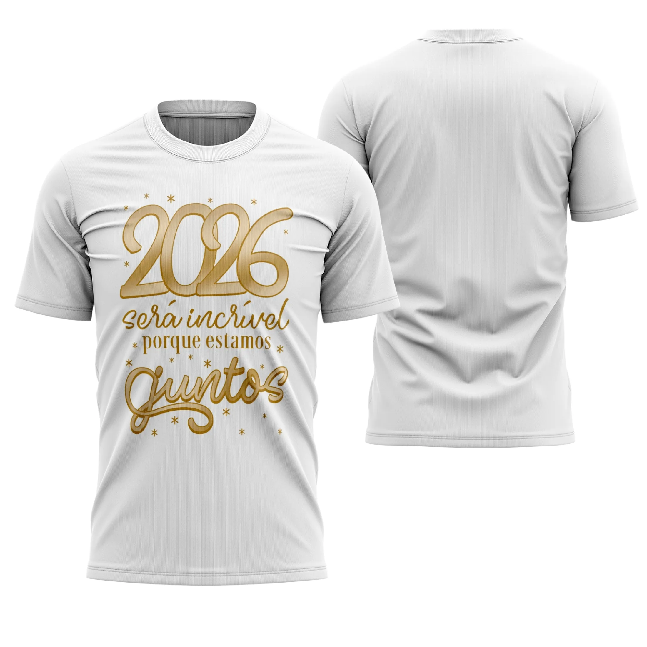Camiseta unissex branca com logo no peito e estampa grande nas costas com tema de Ano Novo 2026, trazendo estilo e sorte para o Réveillon 2026.