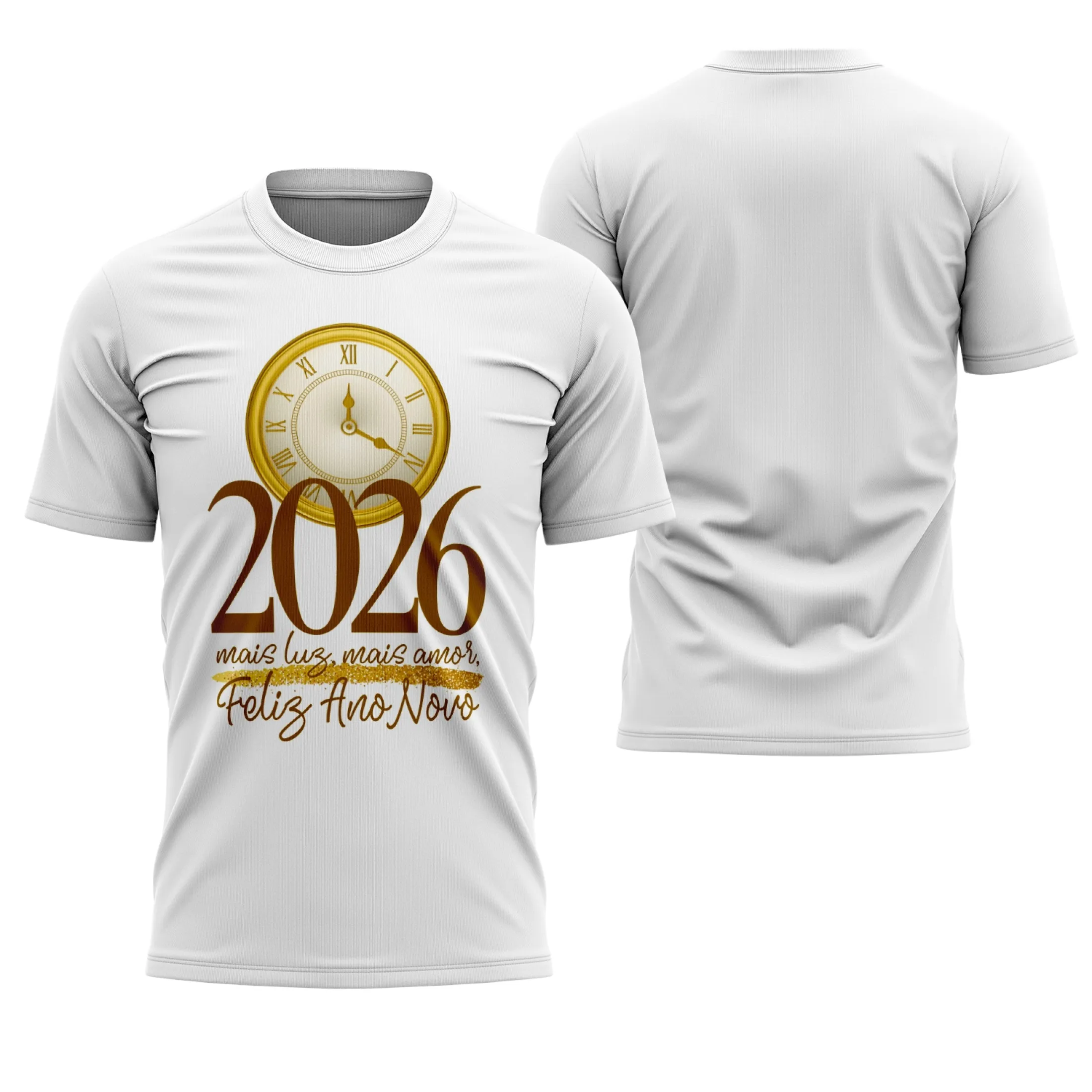 Camiseta unissex branca com logo no peito e estampa grande nas costas celebrando o Ano Novo 2026, trazendo estilo e sorte para o Réveillon, perfeita para festas e celebrações.