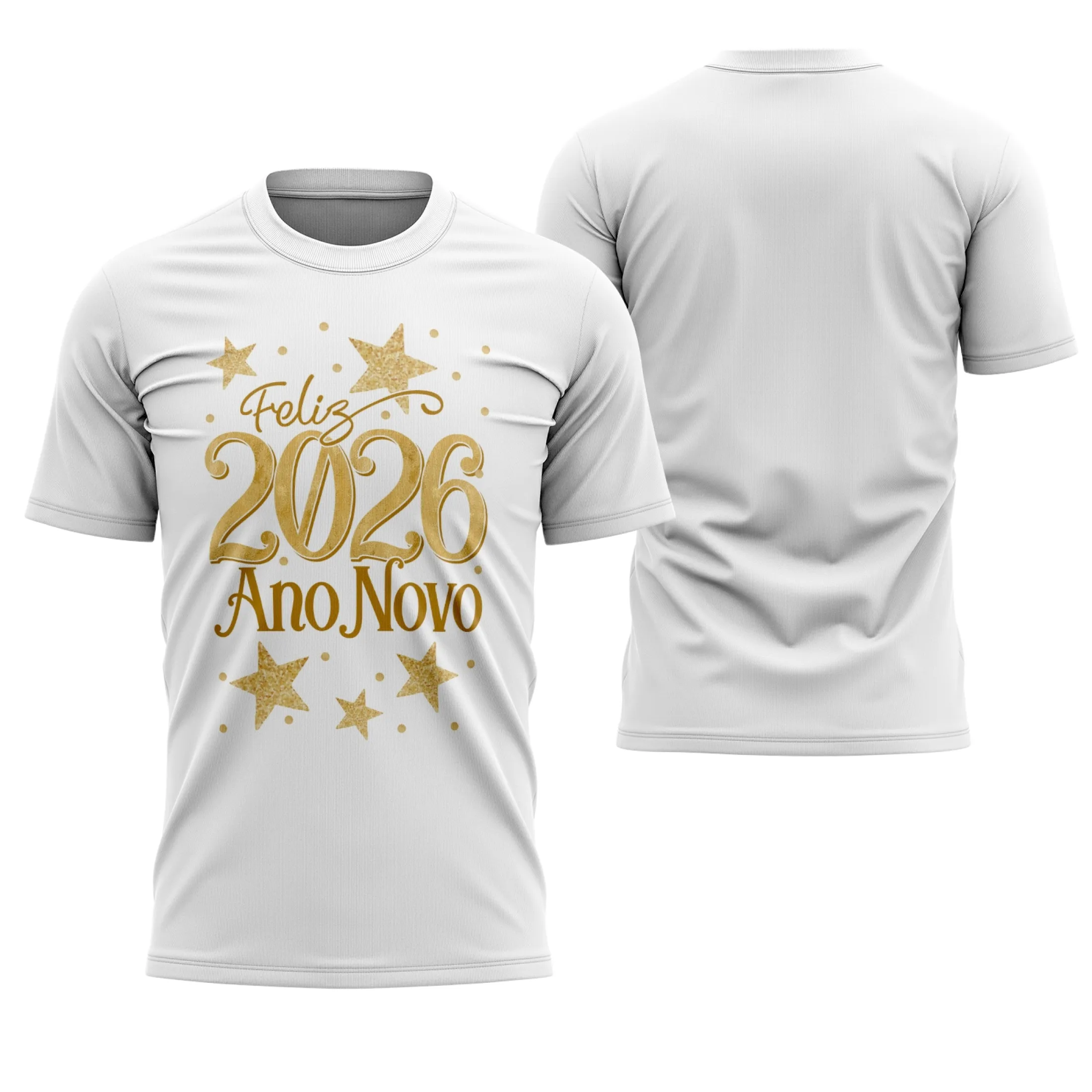 Camiseta unissex branca com logo no peito e estampa grande nas costas, temática Ano Novo 2026, perfeita para o Réveillon com estilo e sorte.