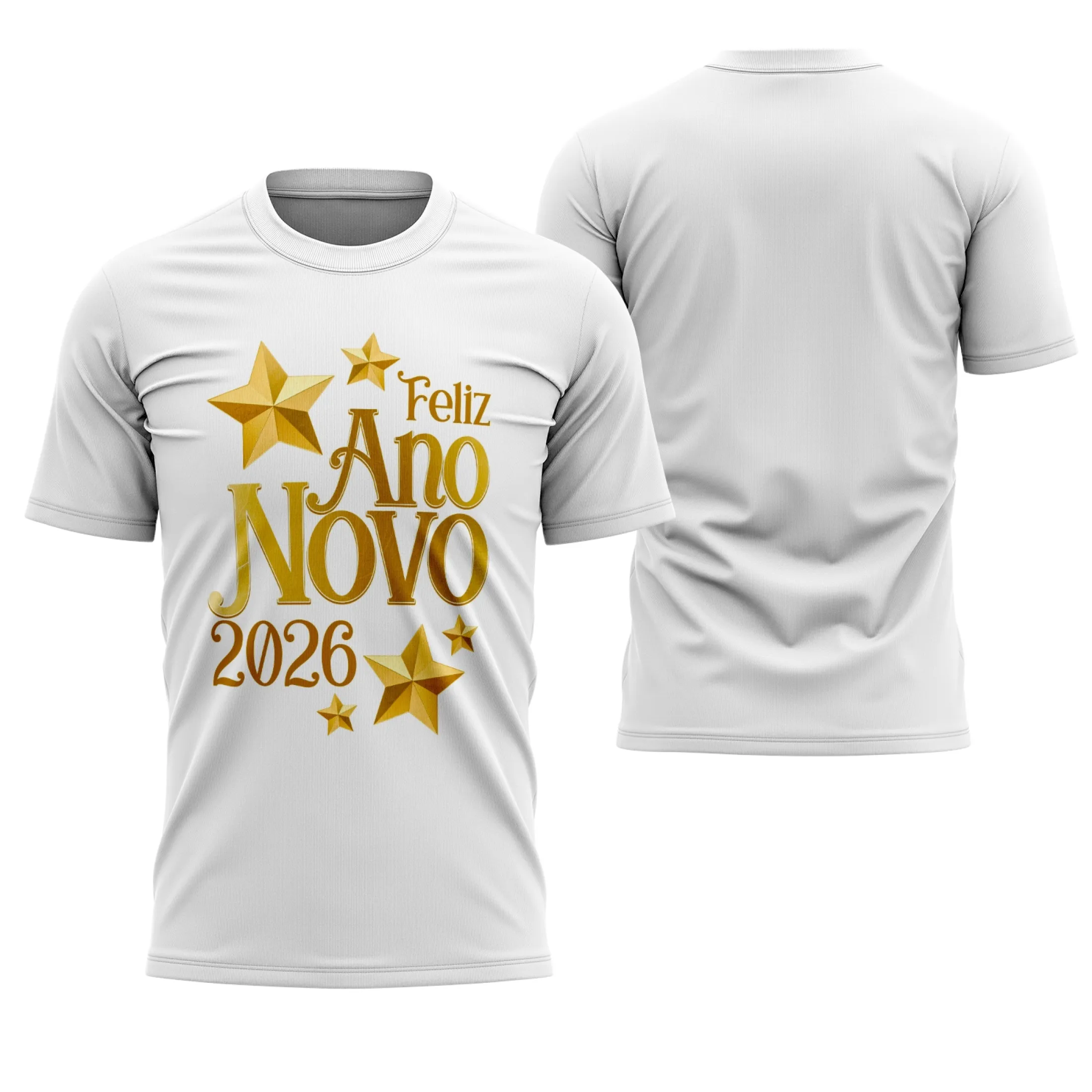 Camiseta unissex branca com logo no peito e estampa grande nas costas destacando o tema Ano Novo 2026, estilo e sorte para o Réveillon 2026, perfeita para a festa de ano novo.