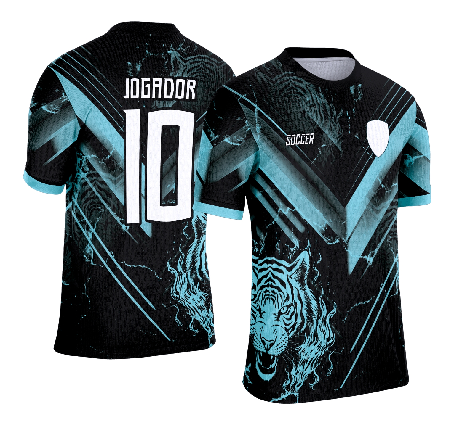 Foto de camiseta unissex preta com logo no peito Tigre Azul e estampa grande nas costas com tema de Camisa de Interclasse 2025 Tigre Azul, perfeita para eventos esportivos e escolares.