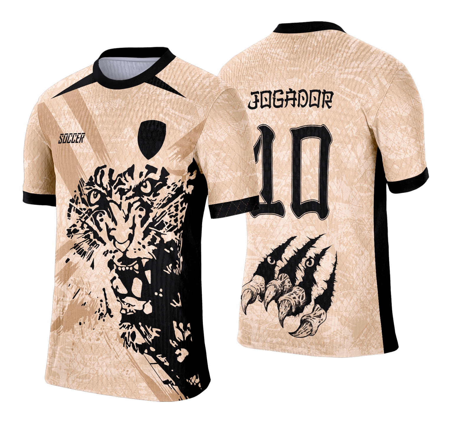 Camiseta unissex preta com logo no peito e estampa grande nas costas do tigre bege, tema Camisa de Interclasse 2025, perfeita para eventos e uso casual.