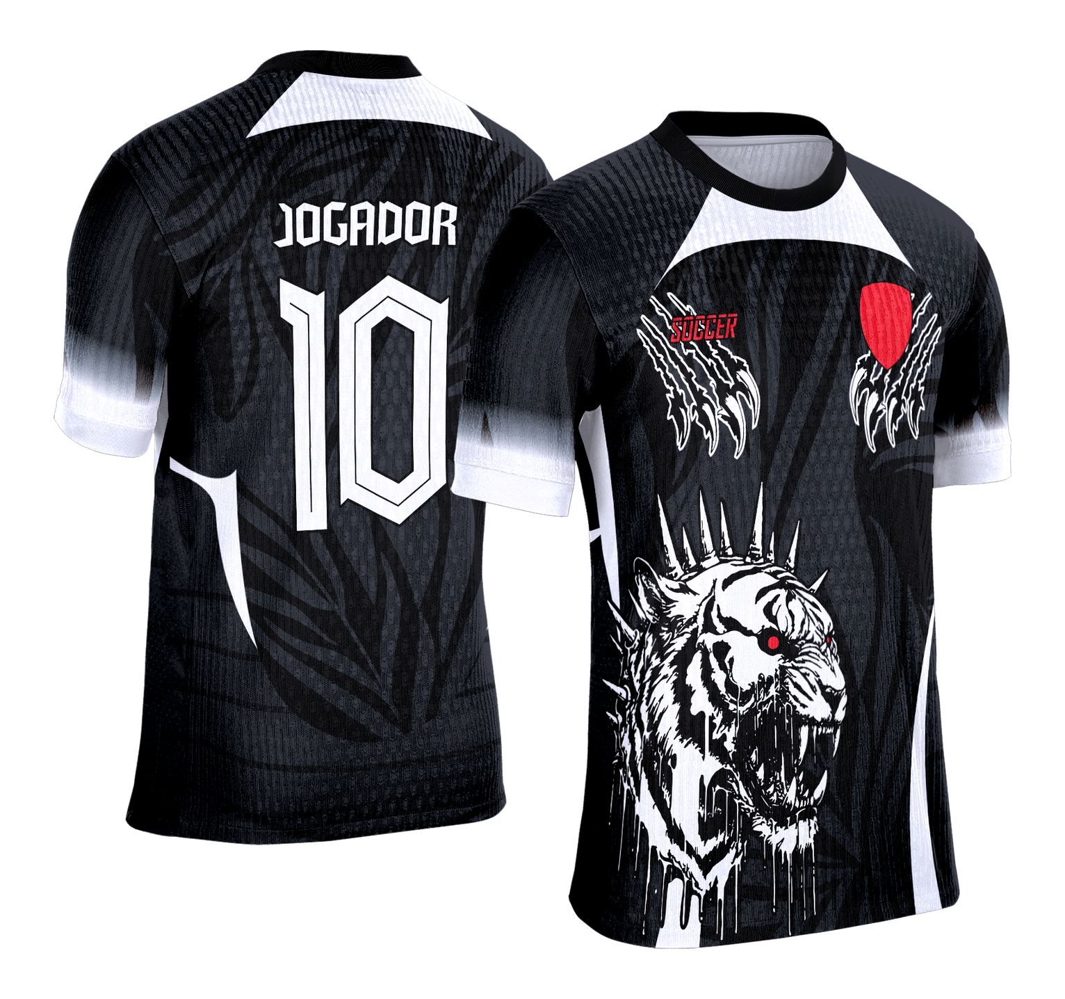 Camiseta unissex preta com logo no peito e estampa grande nas costas mostrando um tigre preto e branco, tema da Interclasse 2025.