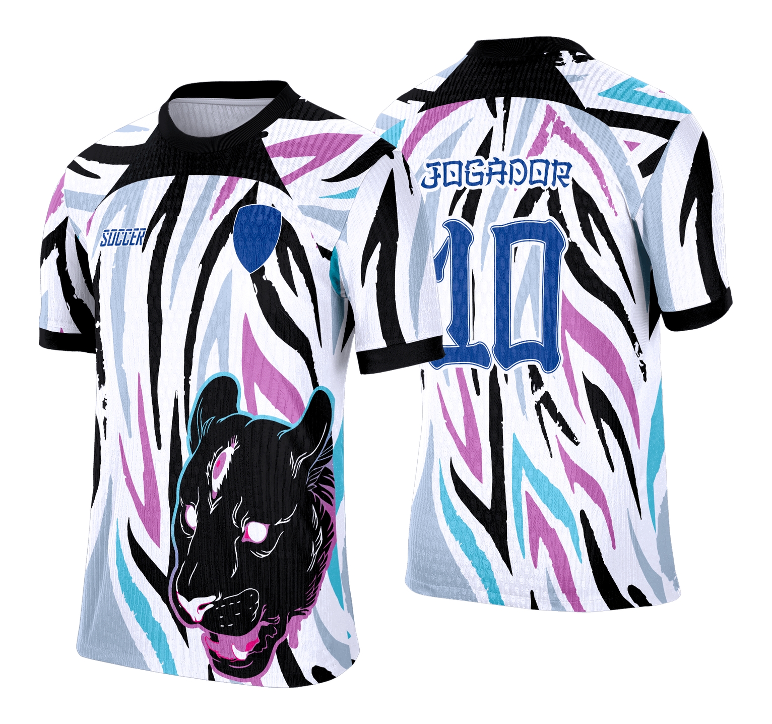 Camiseta unissex preta com logo no peito e estampa grande nas costas exibindo uma pantera feroz em estilo interclasse, perfeita para quem busca design marcante e moderno.