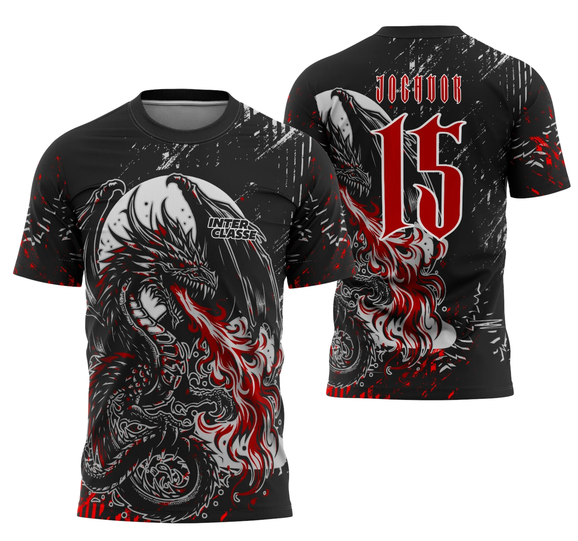 Camiseta unissex preta com logo no peito e estampa grande nas costas mostrando Dragão Negro em chamas, cheia de atitude e estilo para fãs de interclasse 2025.