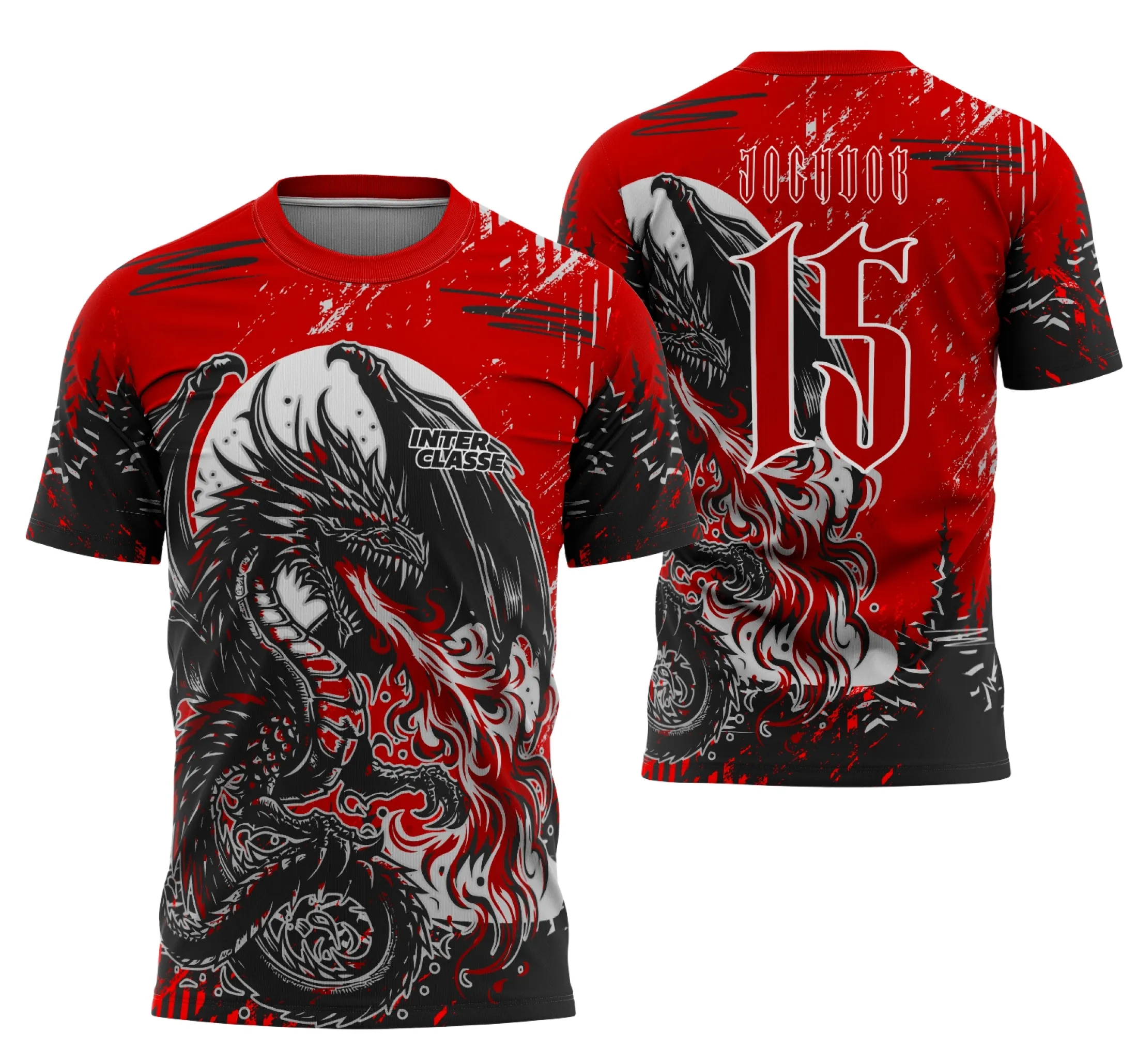 Camiseta preta unissex com logo no peito e estampa grande nas costas mostrando um dragão negro em chamas, tema poderoso e imponente inspirado no Interclasse Dragão Negro com Fogo 2025.