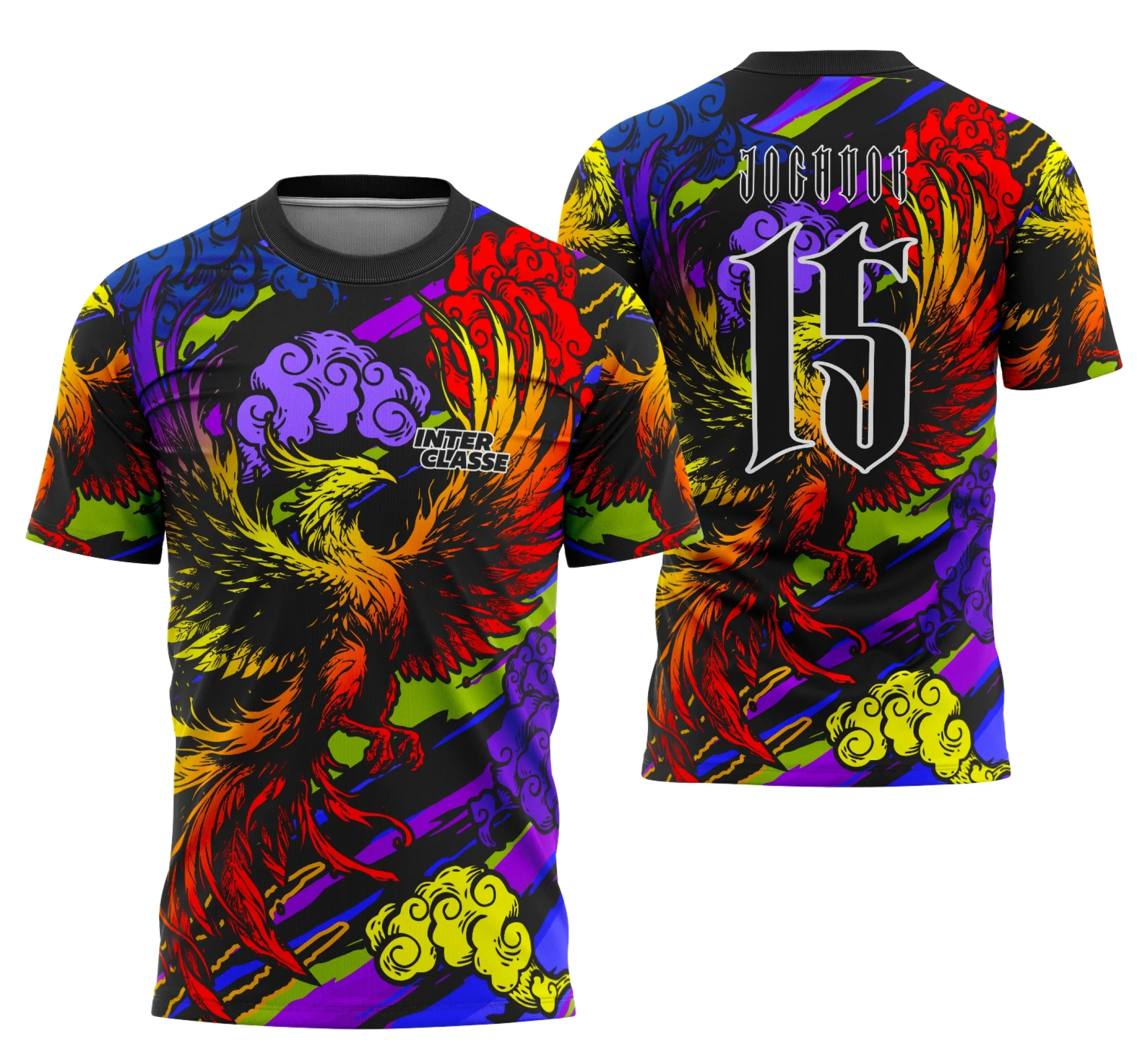 Camiseta unissex preta com logo no peito e estampa grande nas costas de uma fênix em gradiente vibrante, estilo Interclasse Premium.