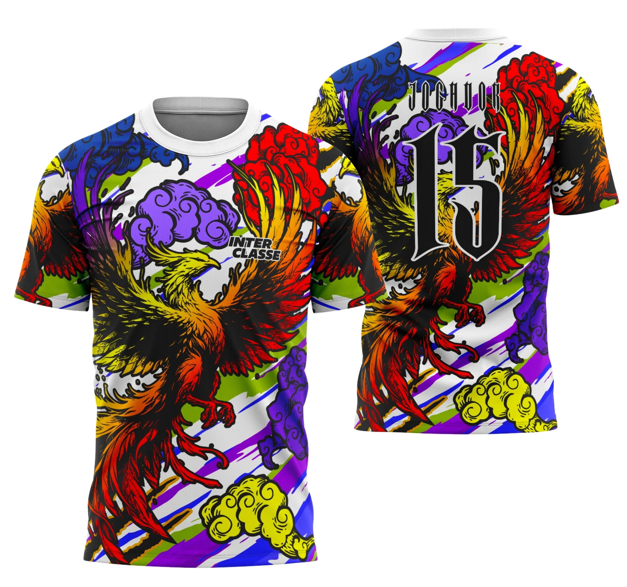 Camiseta unissex preta com logo no peito e estampa grande nas costas com tema Fênix Gradiente Premium no estilo Interclasse, design vibrante e moderno para impactar qualquer visual.