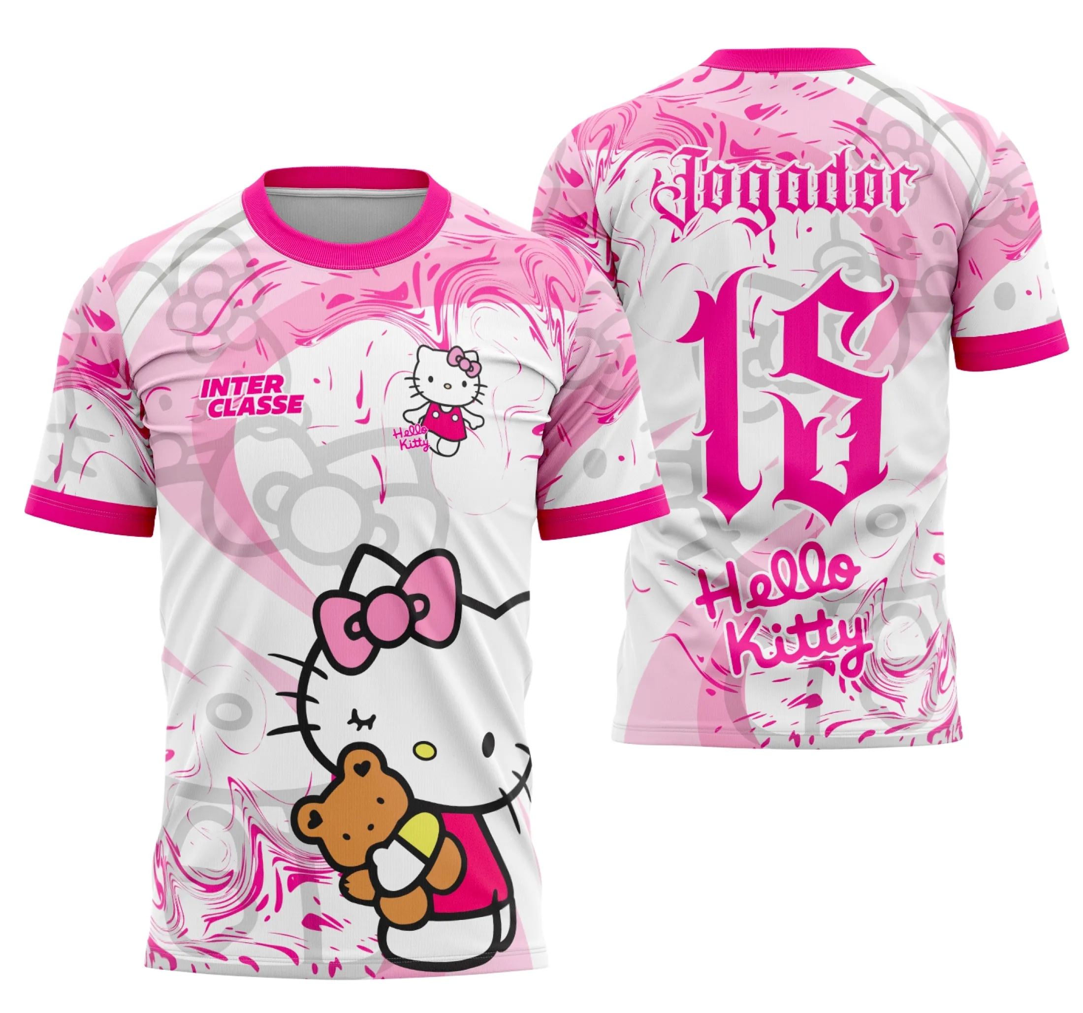 Camiseta unissex branca com logo no peito e estampa grande nas costas temática da Hello Kitty em tom rosa, perfeita para quem quer estilo e conforto na camisa de interclasse.