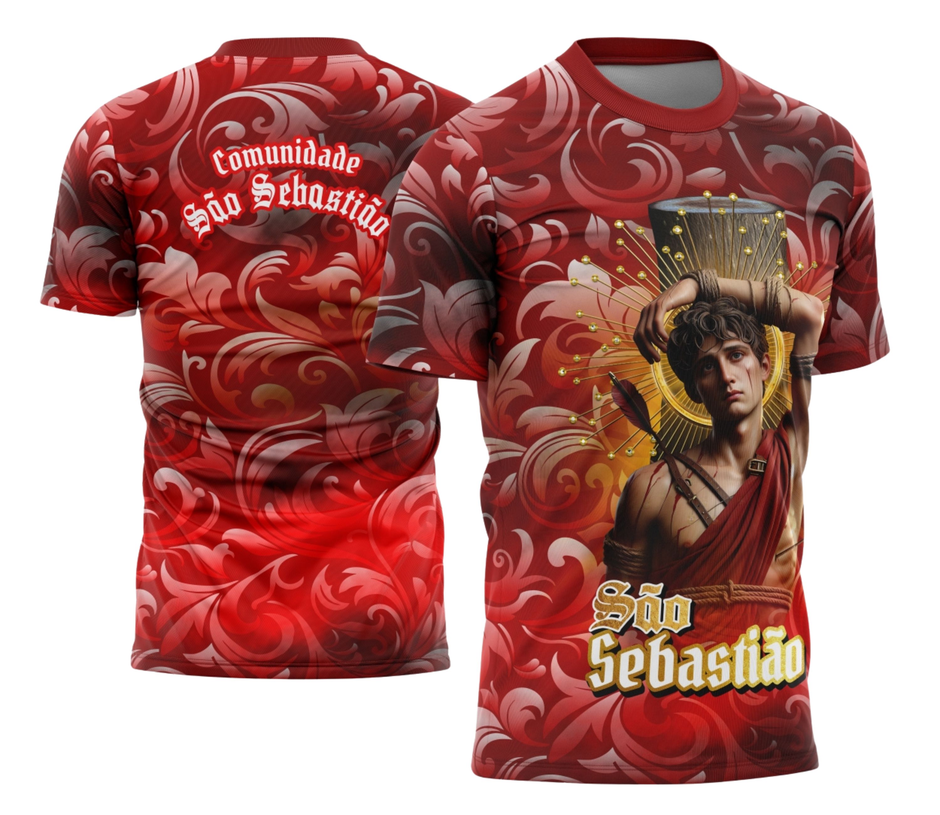 Camisa final com logo no peito e estampa grande nas costas, destacando elementos religiosos e design moderno em cores vibrantes, perfeita para quem valoriza fé e tradição em estilo único.