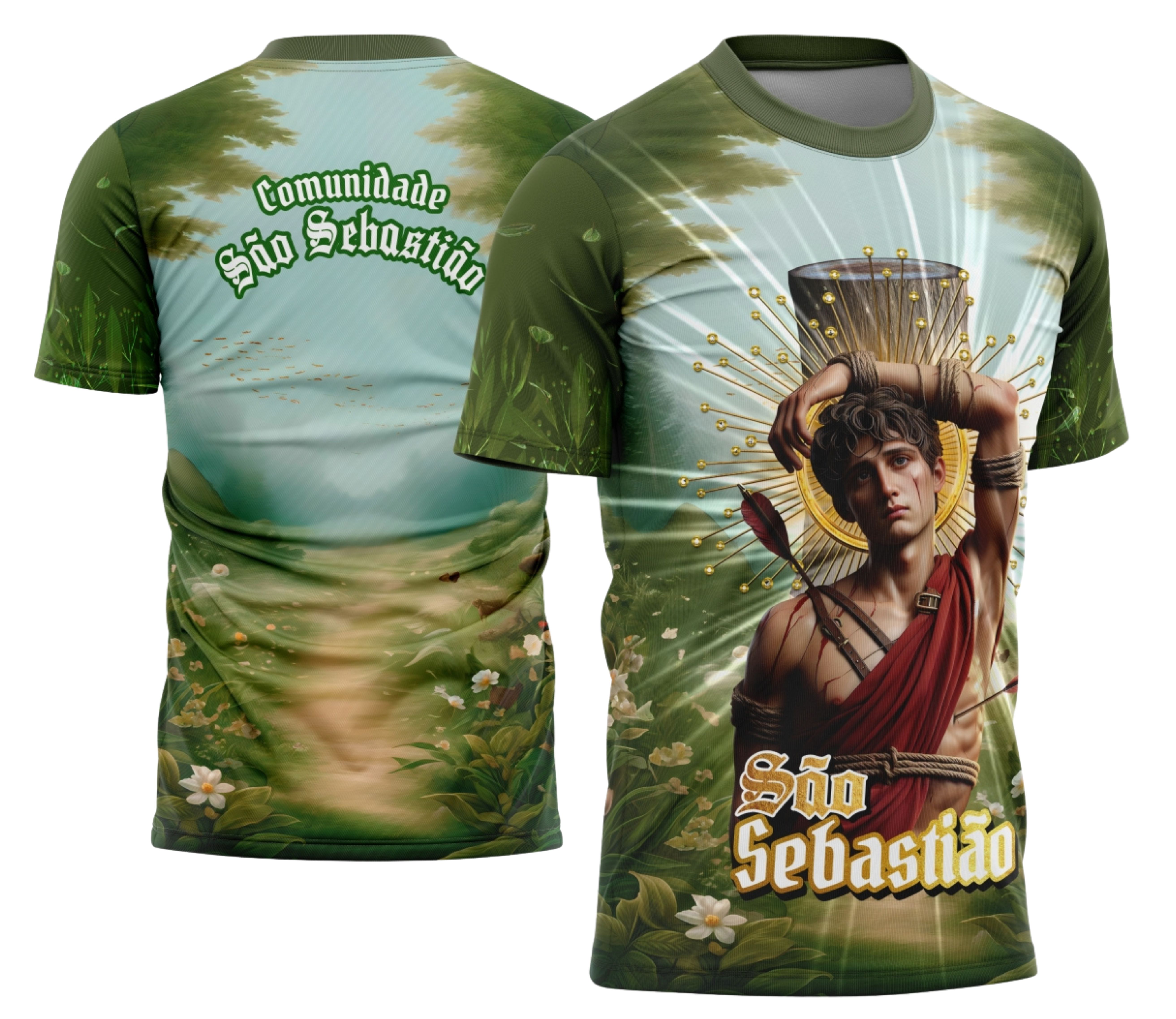 Foto de camisa com logo no peito e estampa grande nas costas, destacando elementos religiosos e cores vibrantes que remetem à fé e tradição de São Sebastião 2026.