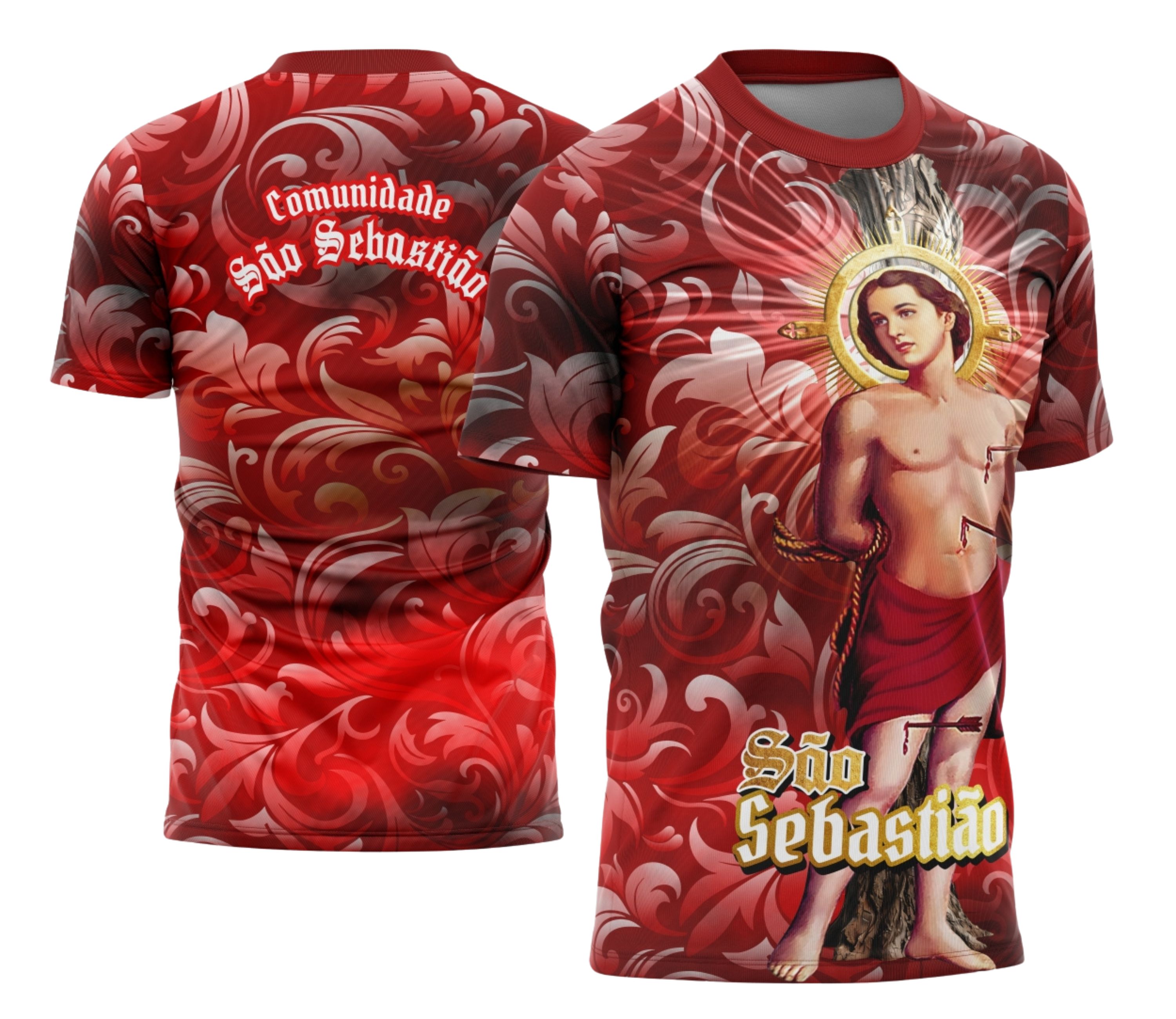 Camiseta unissex preta com logo no peito e estampa grande nas costas estampando São Sebastião em estilo devocional 2026, design marcante e religioso para uso casual ou eventos.