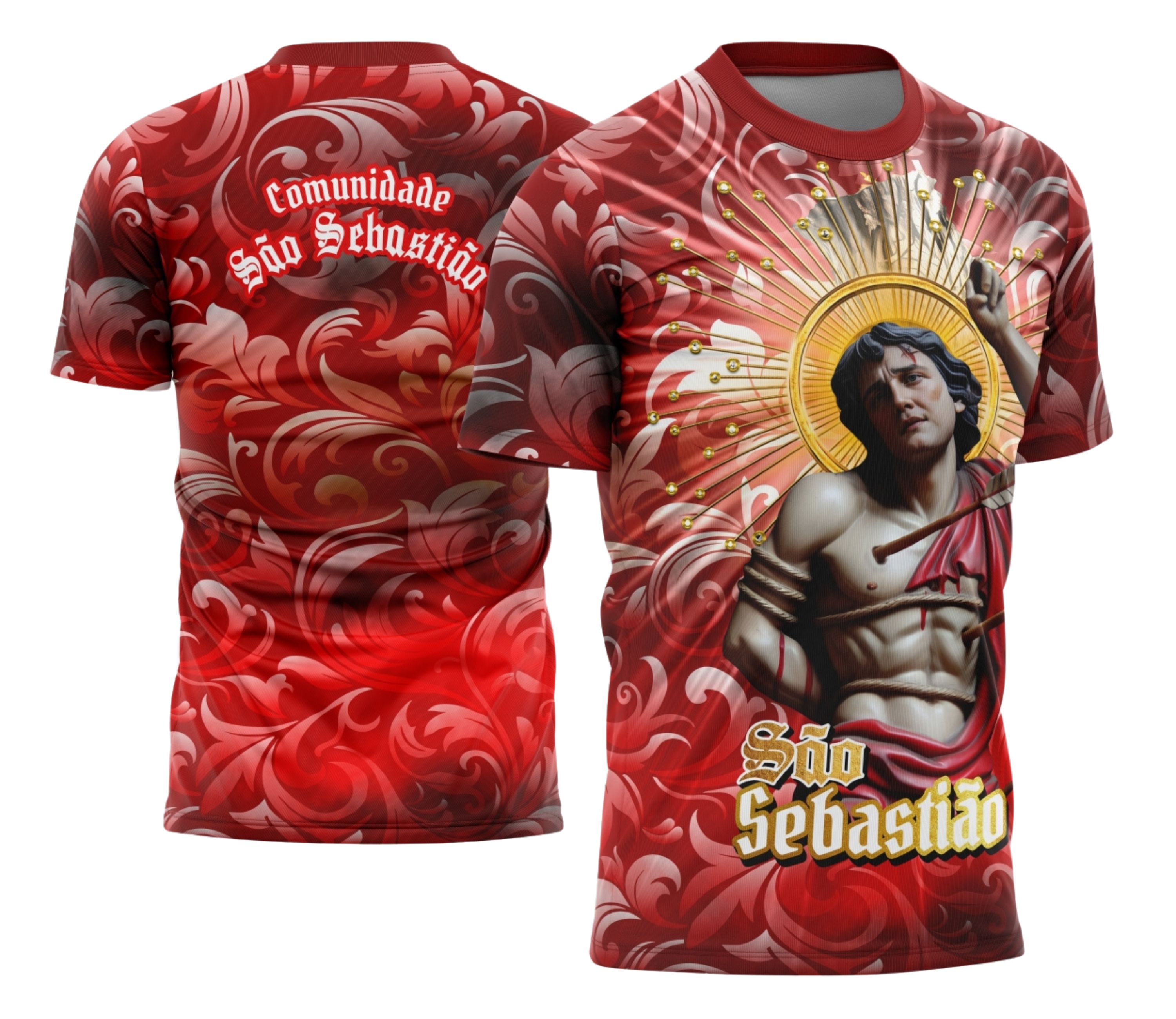 Camiseta unissex preta com logo no peito e estampa grande nas costas com tema São Sebastião 2026, ideal para quem busca estilo e tradição.