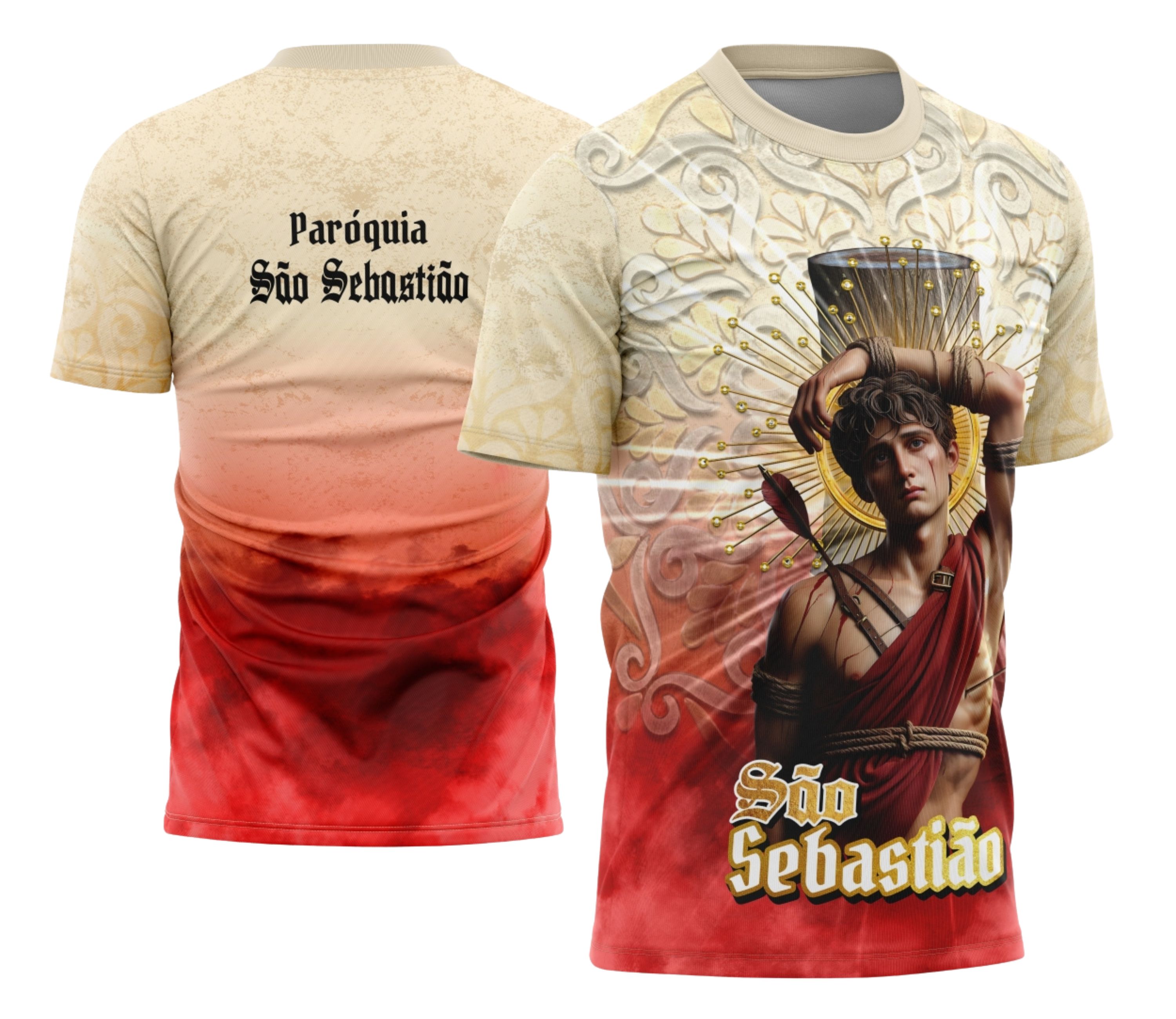 Camiseta unissex preta com logo no peito e estampa grande nas costas, tema São Sebastião 2026, ideal para quem busca estilo e significado em uma camisa moderna.