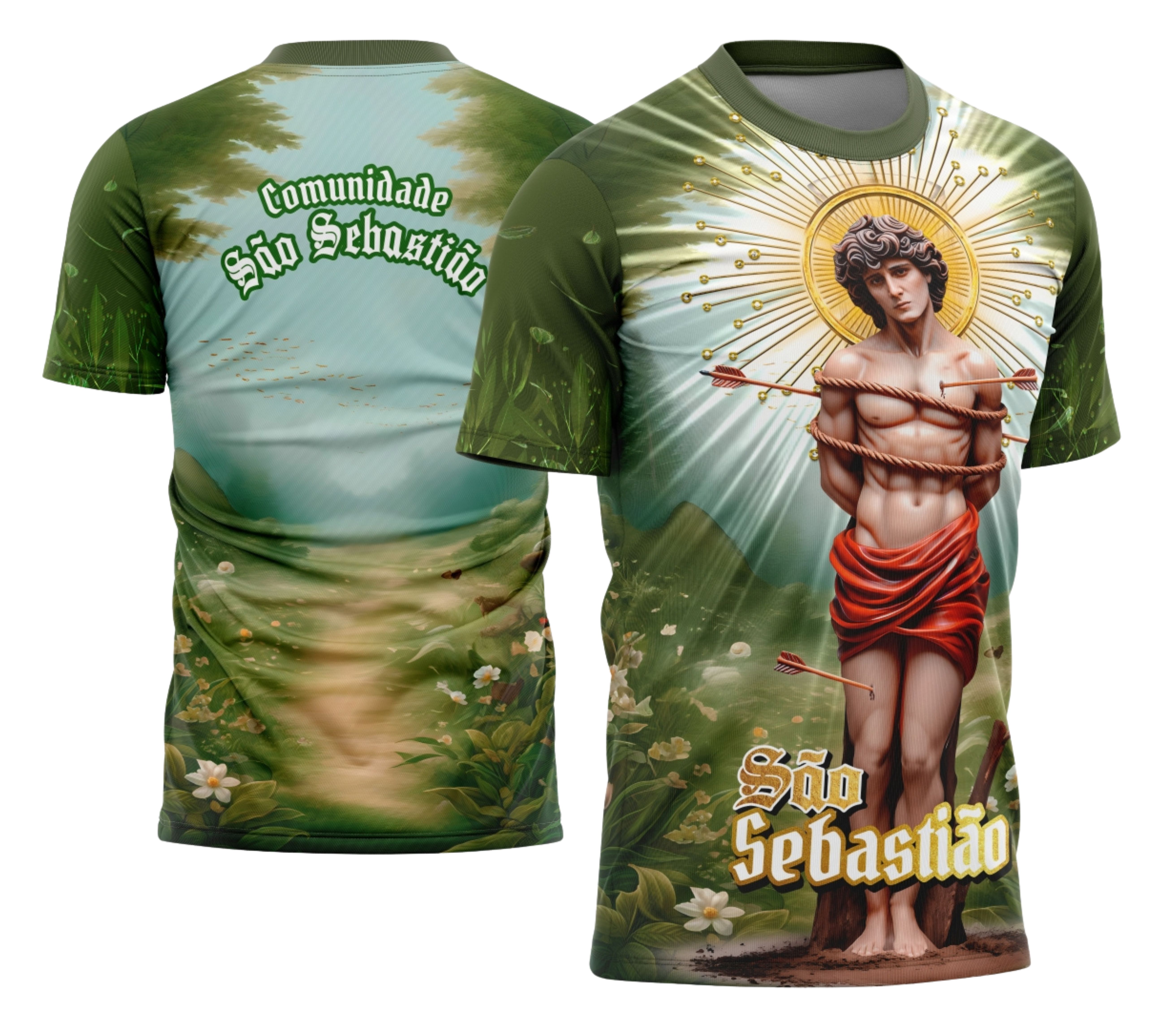Foto da camisa com logo no peito e estampa grande nas costas exibindo design inspirado na devoção a São Sebastião para a festa de 2026, com detalhes religiosos marcantes e estilo moderno.