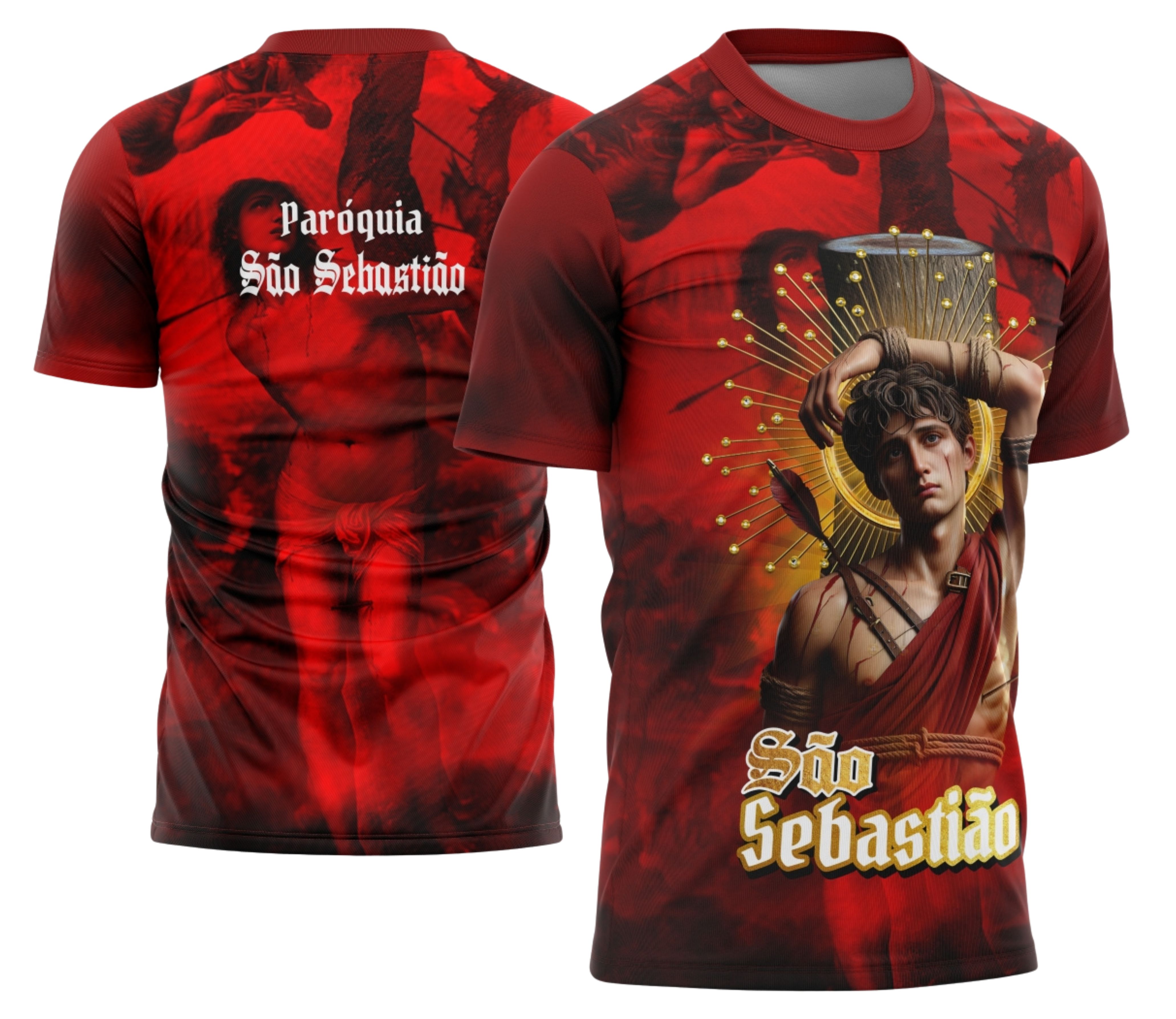 Camisa com logo no peito da imagem de São Sebastião, detalhes finos na estampa e uma estampa grande nas costas com representação vibrante do santo em cores intensas.