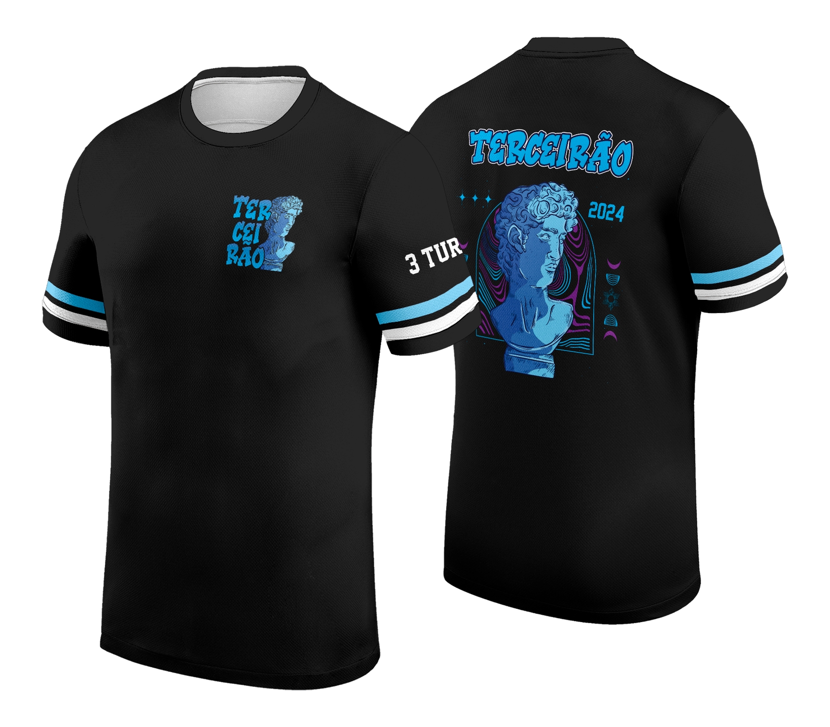 Camiseta unissex branca com logo no peito e estampa grande nas costas com tema exclusivo para camisa de formatura, ideal para eventos comemorativos, elegante e moderna.