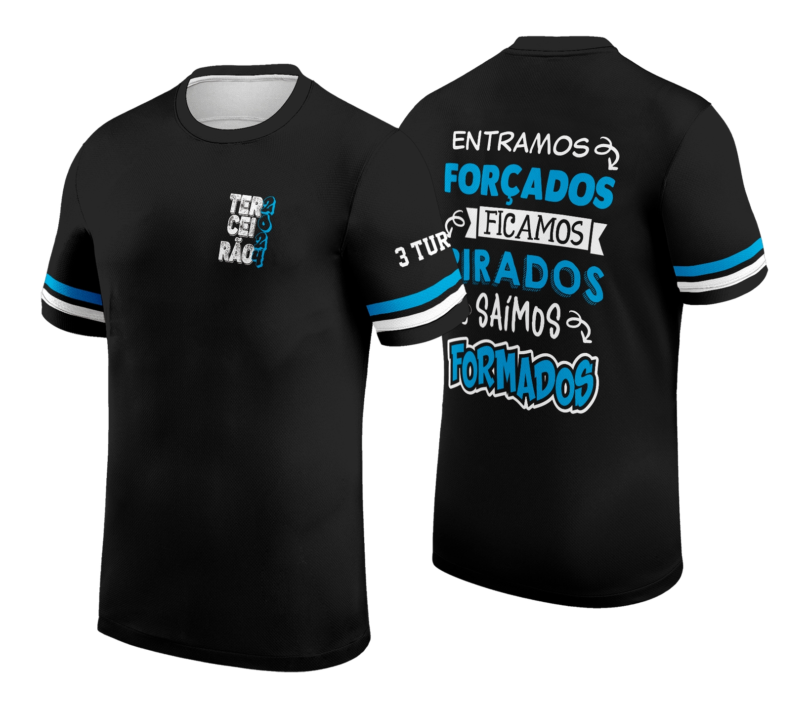 Camiseta unissex preta com logo no peito e estampa grande nas costas com design exclusivo para camisa de formatura, perfeita para celebrações e momentos especiais.