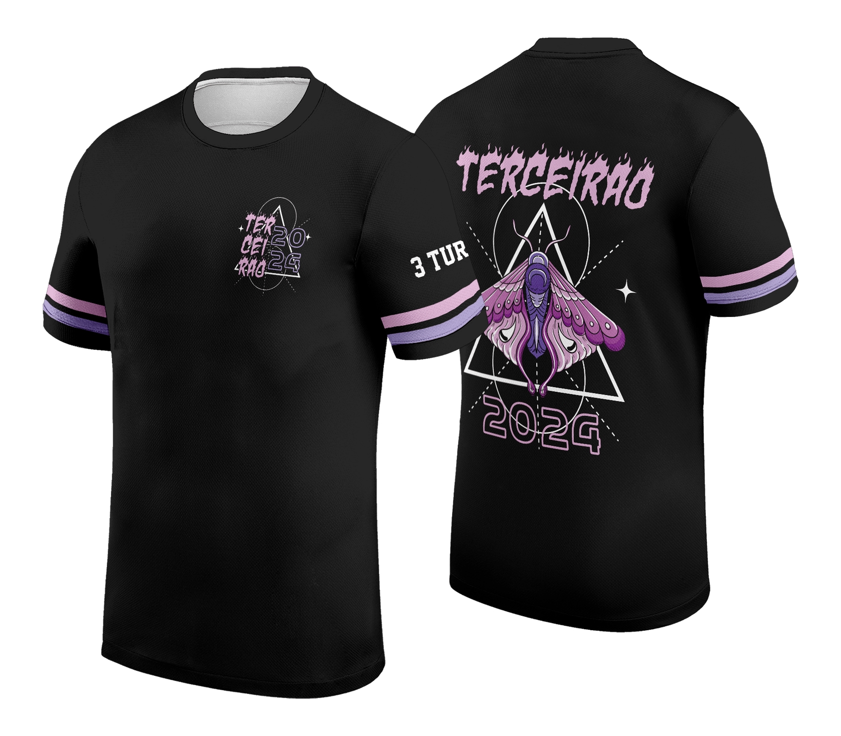 Camiseta unissex preta com logo no peito e estampa grande nas costas mostrando design exclusivo para Camisa de Terceirão, perfeita para celebrar a turma com estilo marcante e moderno.
